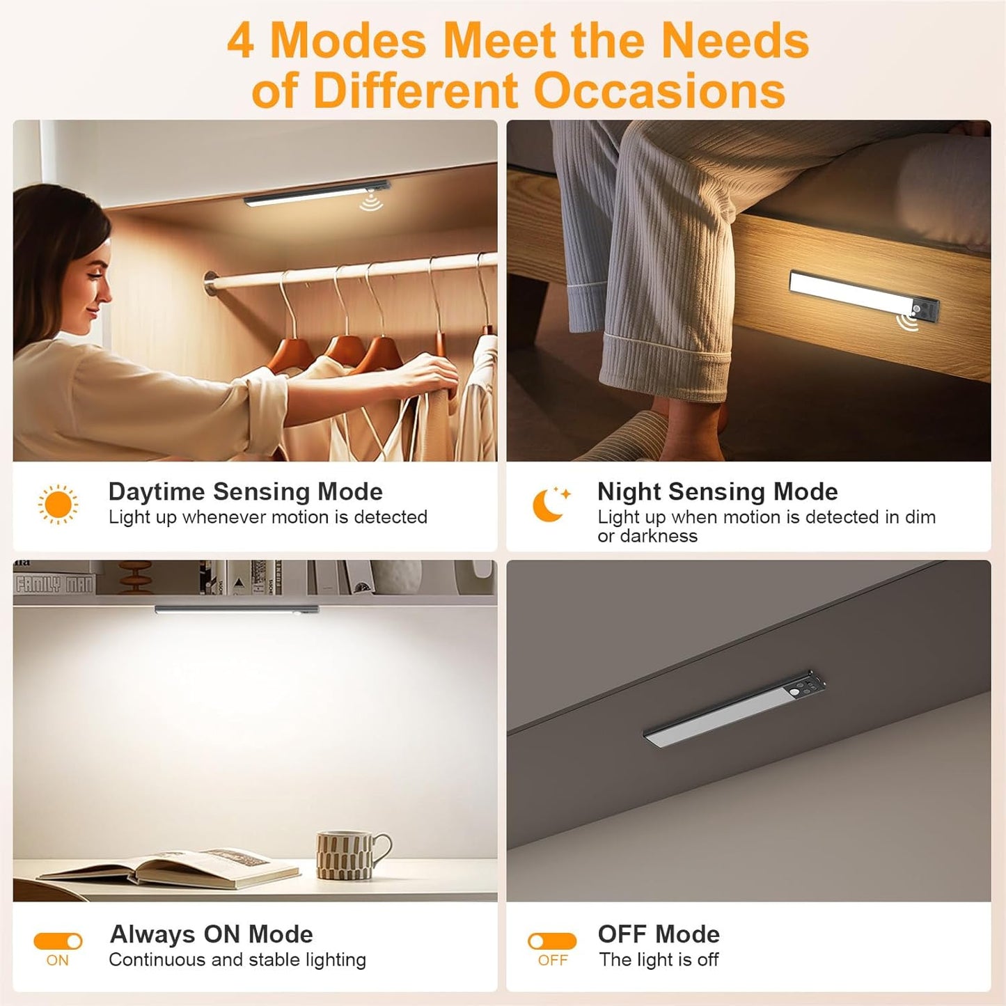 Gritin 10.2inch Under Cabinet Lighting Rechargeable 2 Pack- 3 Color Temps&5 Level Brightness, Super Bright, 4 Modes, Motion Sensor, Long Lasting - Easy Installation Magnetic Under Closet Lights-Black