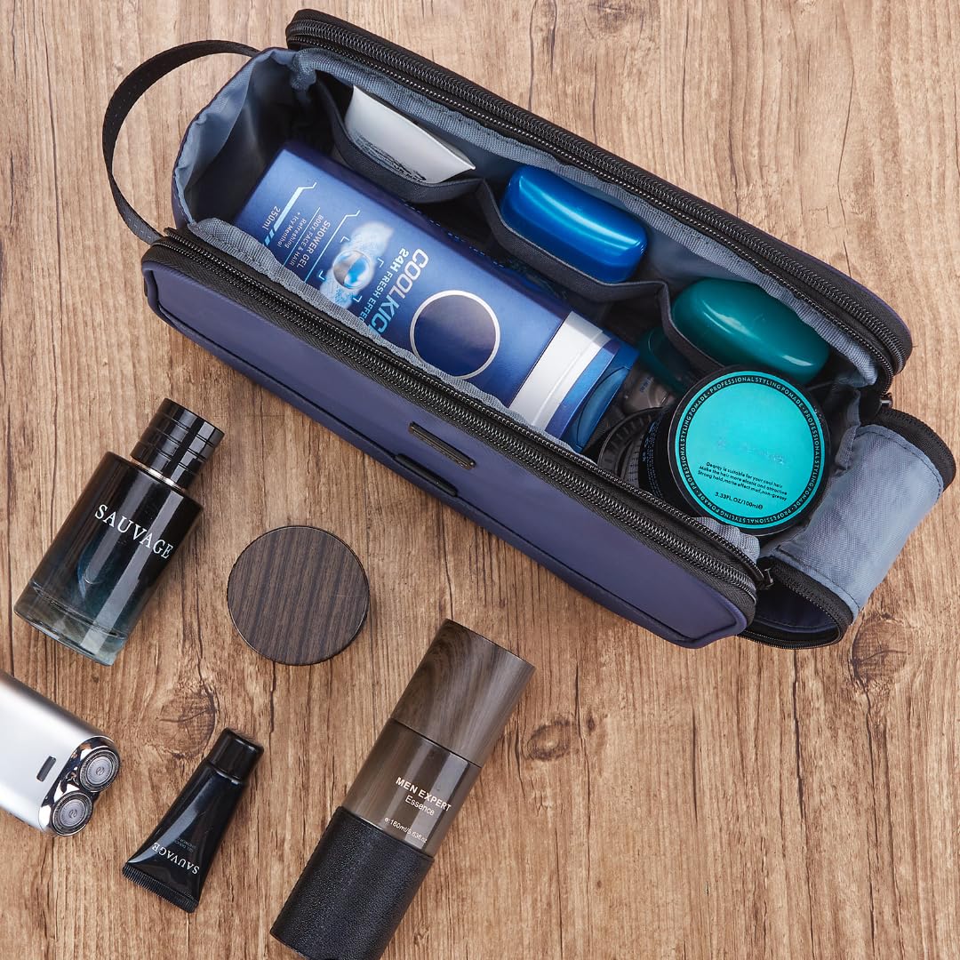 ZEEMO Travel Toiletry Bag for Men, Medium Water-Resistant Double-Sided Full-Open Dopp Kit, Versatile Organizer for Shower and Hygiene Accessories, Bathroom Essentials, Cosmetics, Blue