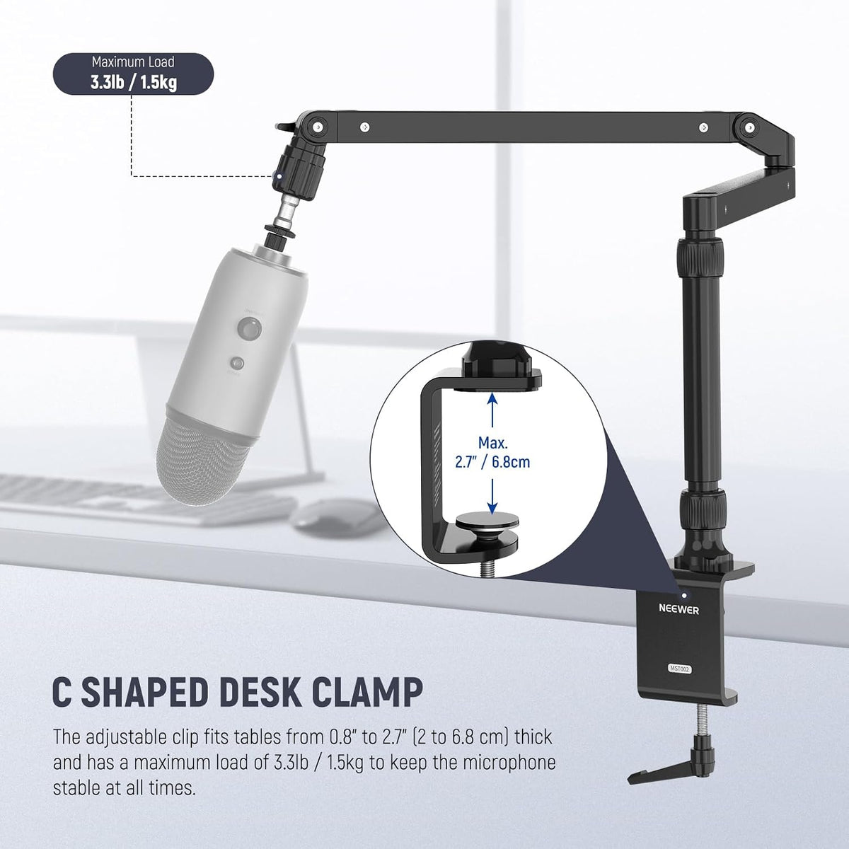 NEEWER Low Profile Mic Arm Desk Stand Mount with Damping, 360° Swivel Articulating Boom Arms with Heighten Pole & Cable Management Channels for Microphone Podcast Gaming Streaming Zoom Calls, MST002