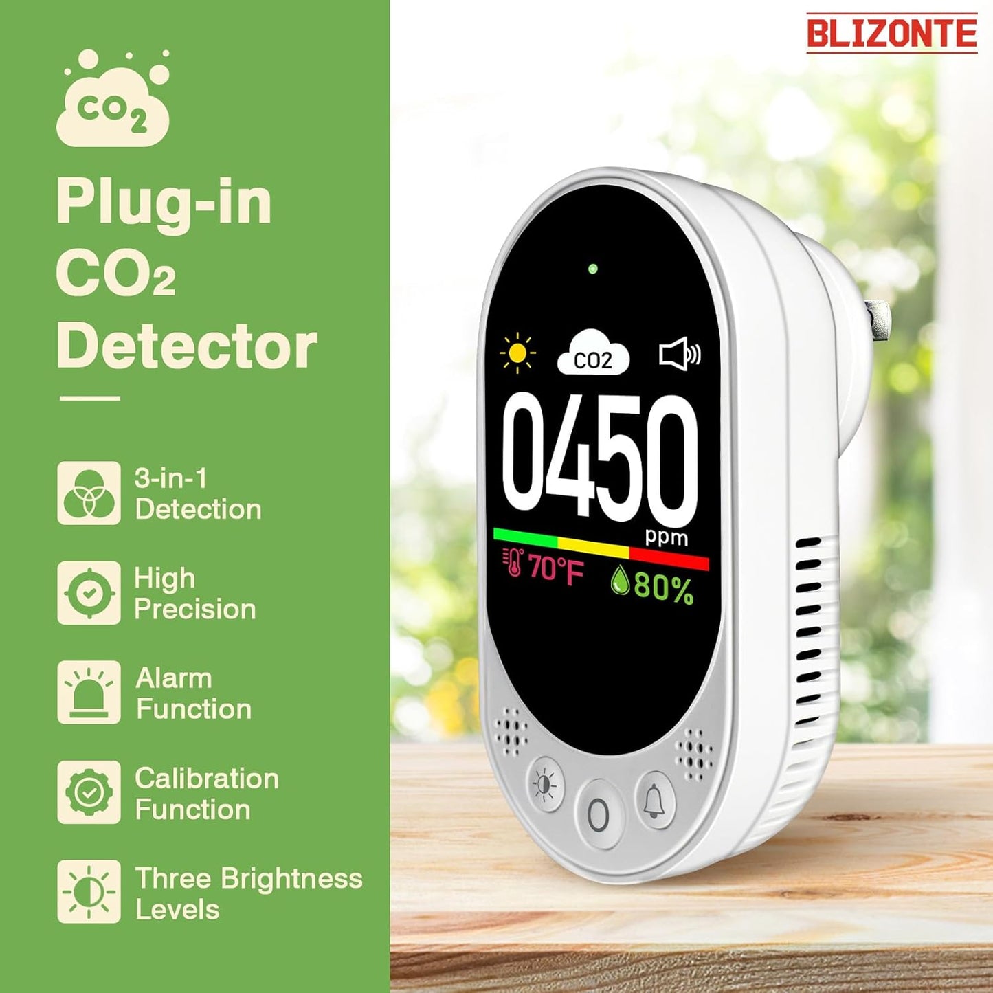Indoor Air Quality Meters Plug-in Wall, 3-in-1 Air Detector(CO2,Temp and Humidity), Supports Manual Calibration&Customizable Thresholds, Visual & Audible Reminder, for Homes, Offices 1Pack