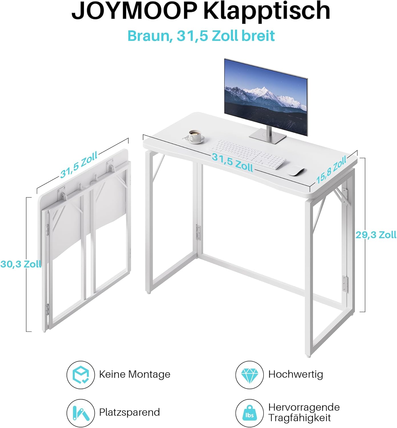 JOYMOOP White Folding Desk - 31.5", No Assembly Small Foldable Desk for Home, Office, Wooden Top Folding Computer Desk for Working, Writing, Studying