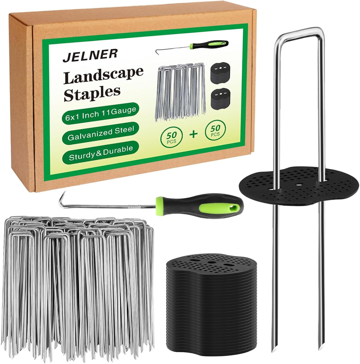 JELNER Garden Stakes,6 Inch 11 Gauge 100pcs Galvanized Landscape Staples + 100pcs Gaskets + 1Pick Hook, Tent Stakes Landscaping Fabric SOD Pins for Weed Fabric Barrier,Groud Cover,Fence