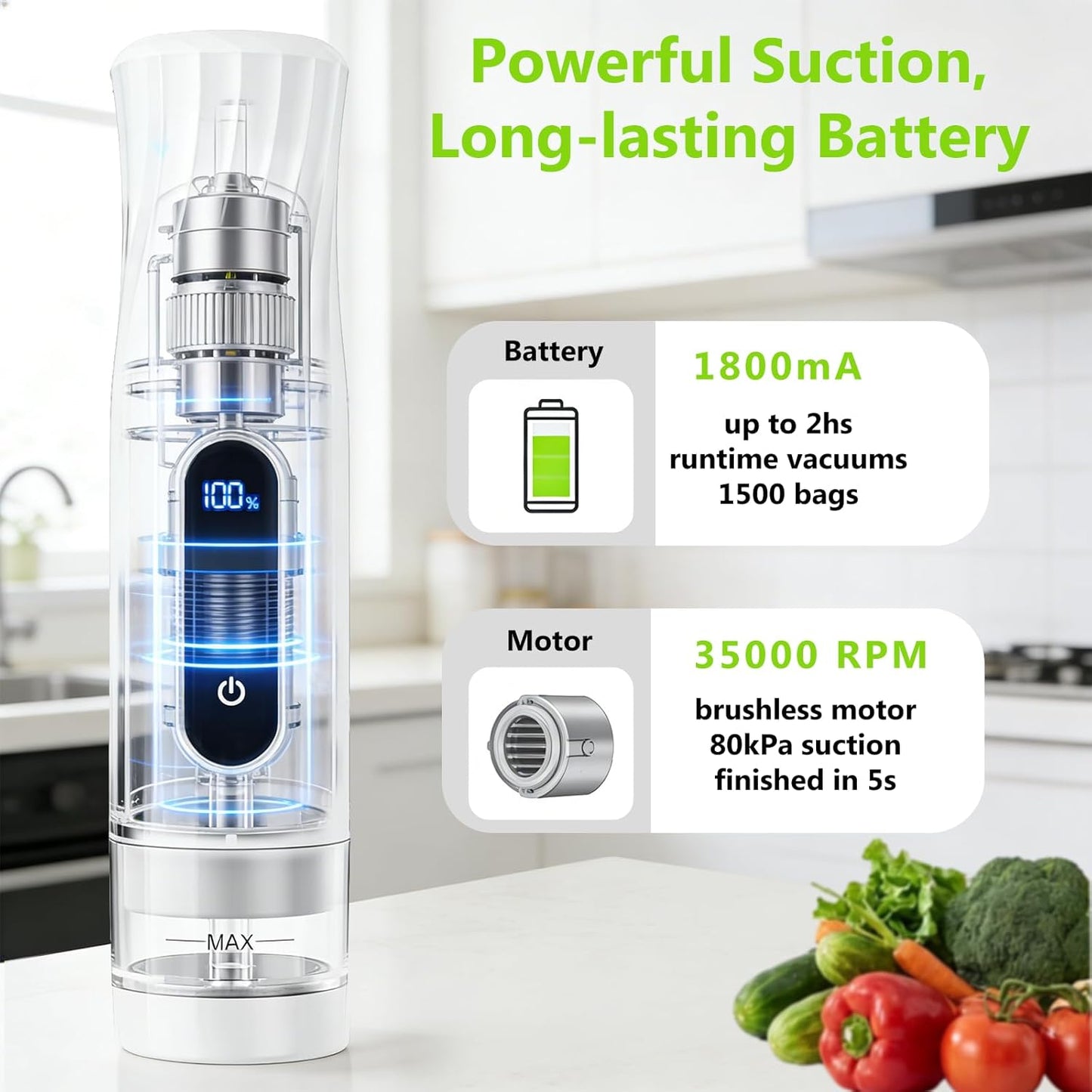Compact Vacuum Sealer for Food Storage: Portable Handheld Food Sealer, 80kPa Suction, 1800mAh Battery, 30 Reusable Vacuum Bags, Preserve 5X Freshness with Easy Operation
