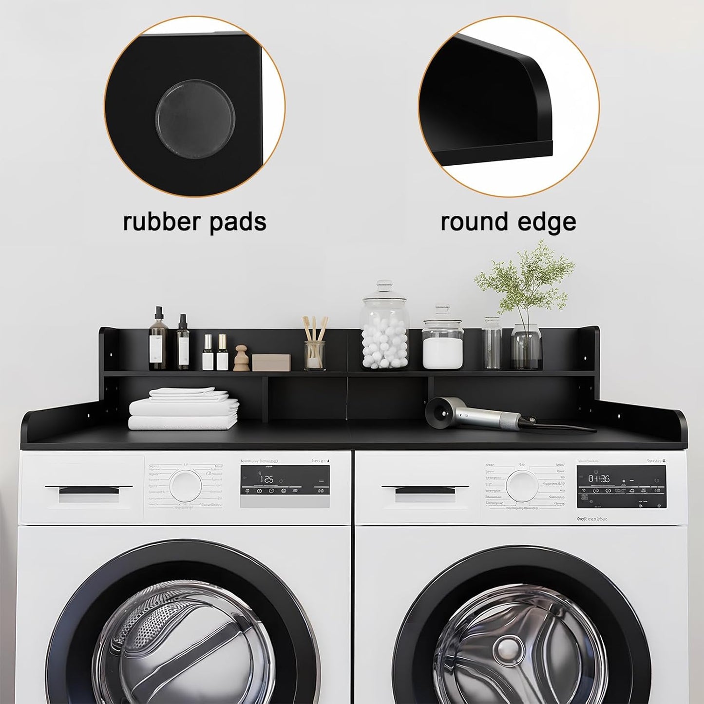 Washer Dryer Countertop with Shelf, 2-Tier Laundry Countertop Over Washer and Dryer, 54" x 27.55" Wooden Table for Folding Clothes for Laundry Room Organization and Storage (Black)