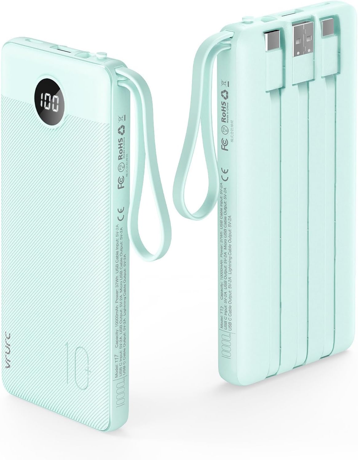 VRURC Portable Charger, 22.5W Fast Charging Power Bank Built‑in 4 Cables, 10000mAh Slim Lightweight Travel Battery Pack for iPhone, Samsung & Multi Devices, Pocket‑Friendly with Lanyard-Green(1 Pack)