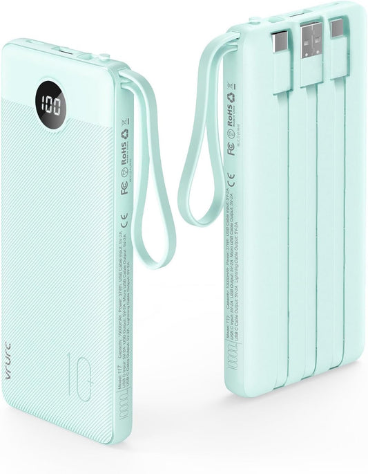 VRURC Portable Charger, 22.5W Fast Charging Power Bank Built‑in 4 Cables, 10000mAh Slim Lightweight Travel Battery Pack for iPhone, Samsung & Multi Devices, Pocket‑Friendly with Lanyard-Green(1 Pack)