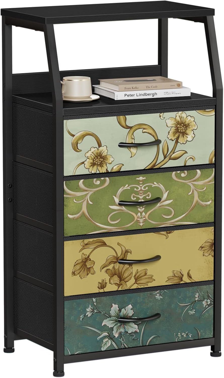 Furnulem Tall Night Stand, Bedside Table for Bedroom, Small Fabric Dresser