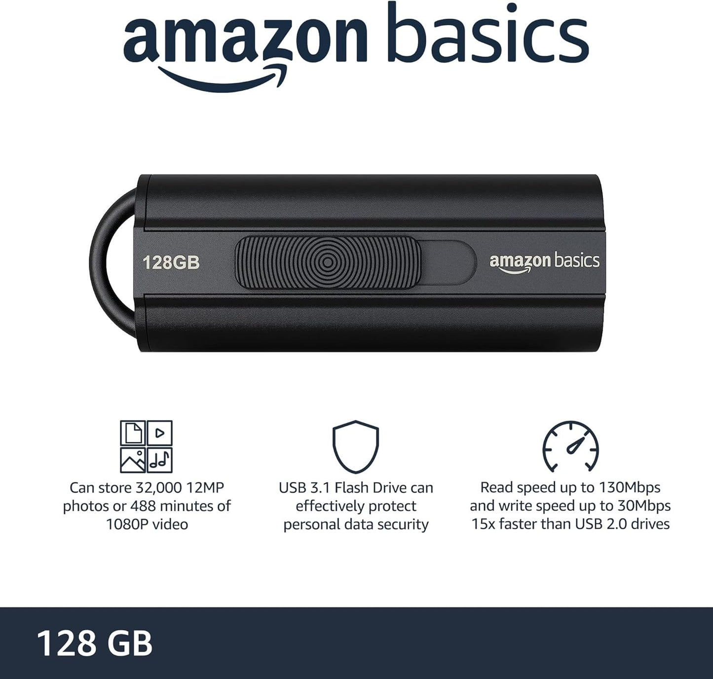 Amazon Basics 128 GB Ultra Fast USB 3.1 Flash Drive, Retractable, High-Speed Data Transfer Storage Device, Black