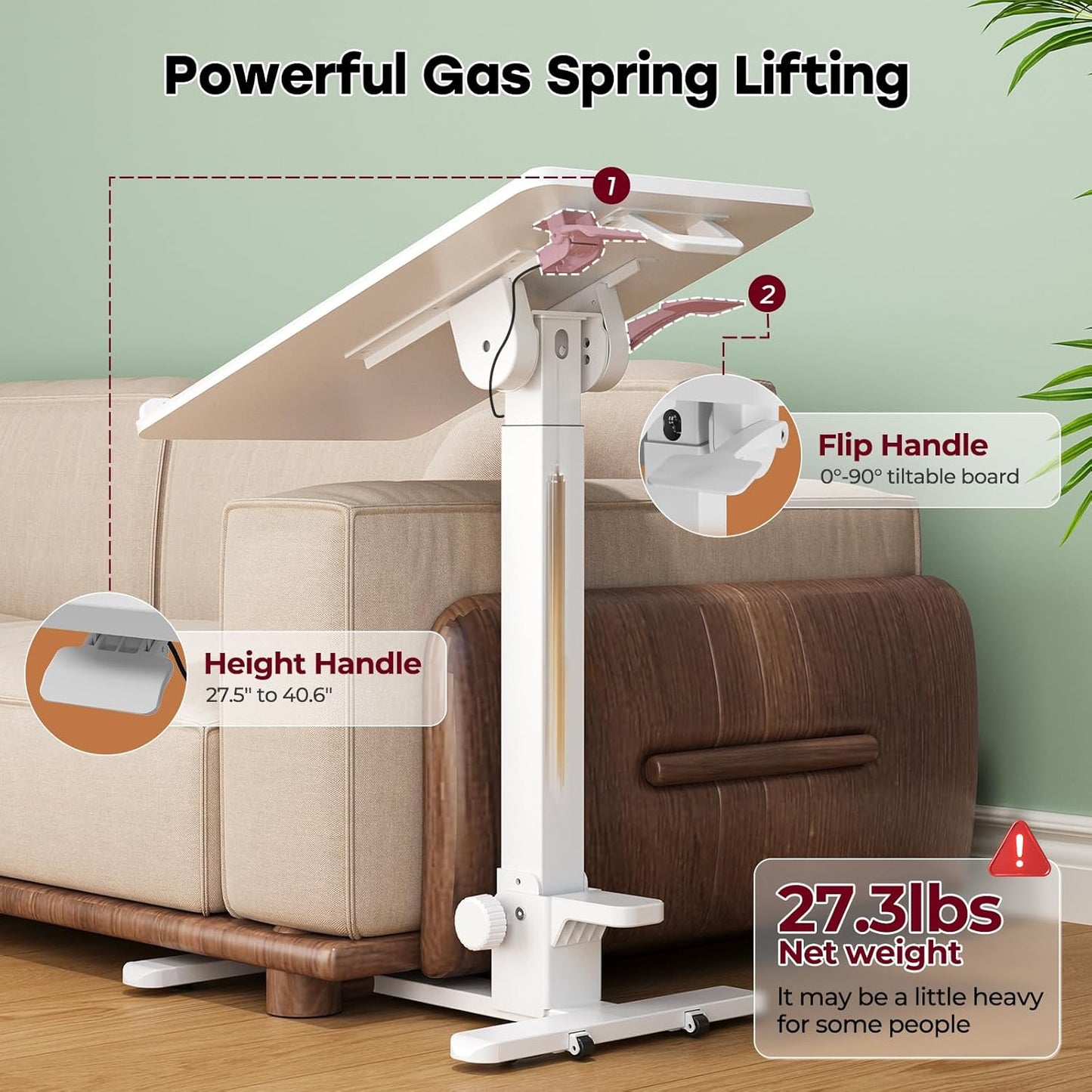 Foldable Mobile Standing Desk, 27 Inch Small Rolling Laptop Cart Height Adjustment, 90° Tiltable Bedside Table, No Assembly Needed Portable Computer Workstation, White