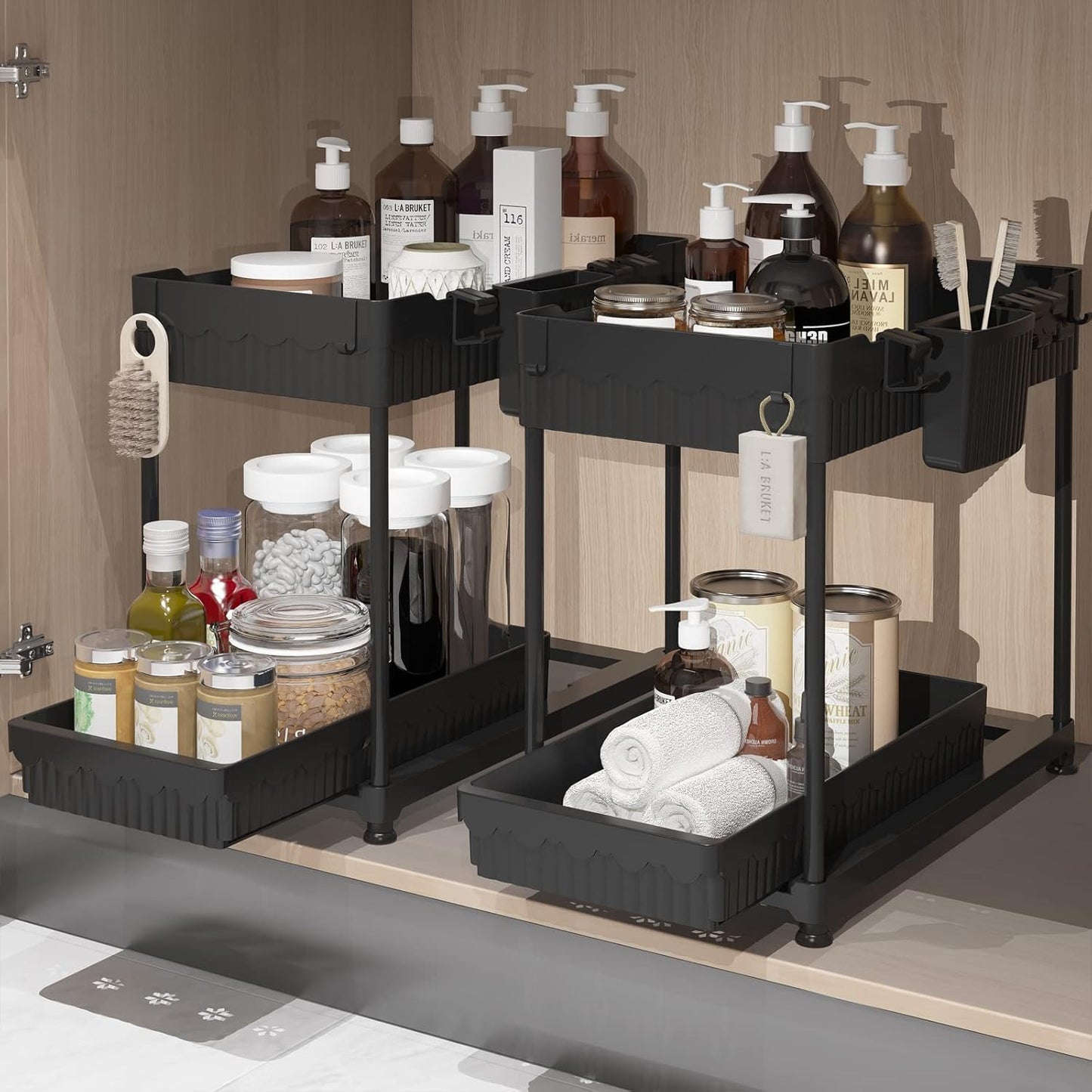 Sevenblue 3 Pack Multi-Purpose Pull-Out Storage Organizers, 2-Tier L-Shaped Under Sink/Cabinet Organizers and Storage for Bathroom & Kitchen,Grey,12.85 Inch