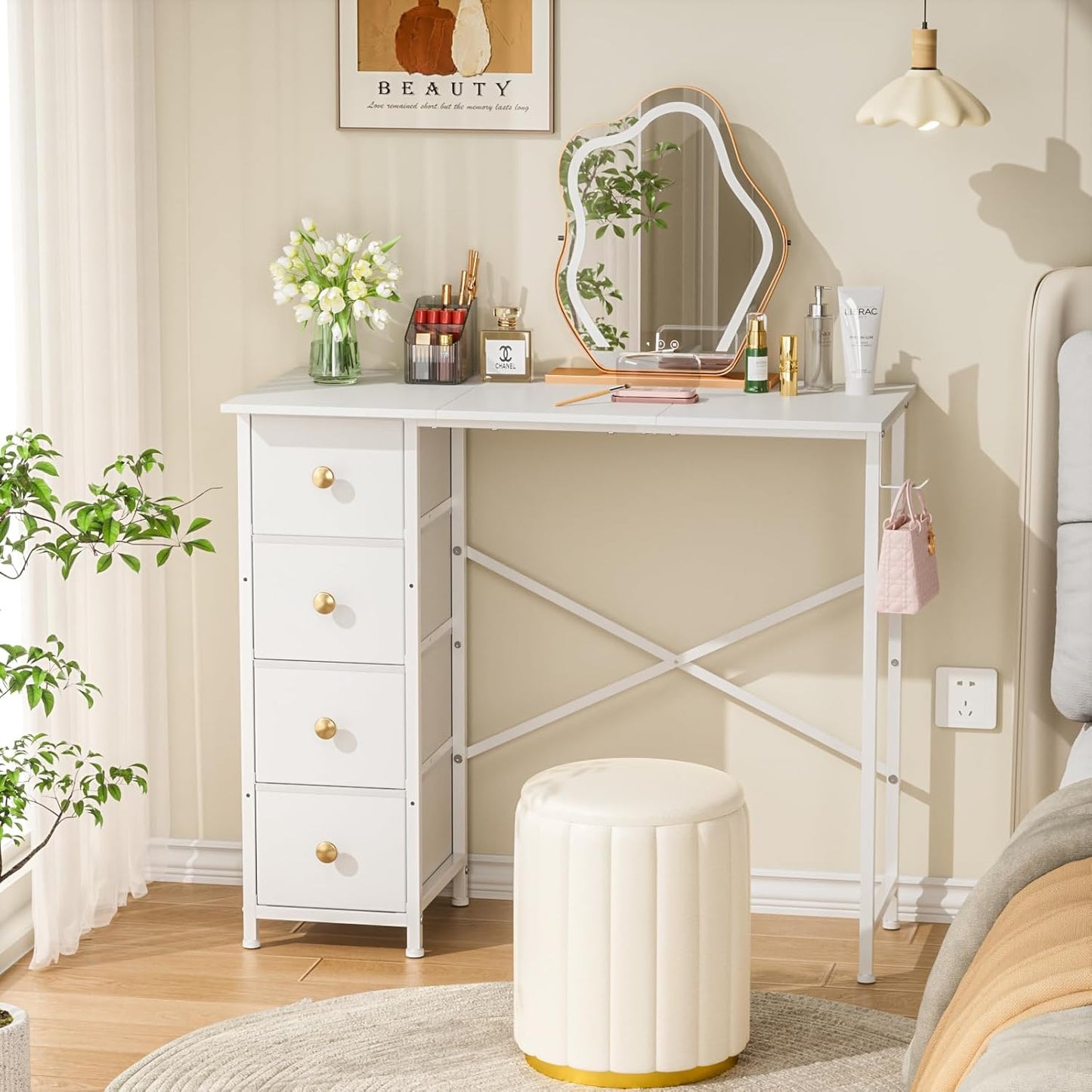 Small White Desk with Drawers for Bedroom, 35.4 Inch Kids Girls Teens Student Writing Desk with Storage, Reversible Study Table, White Computer Desk for Home Office, Makeup Vanity Desk for Small Space