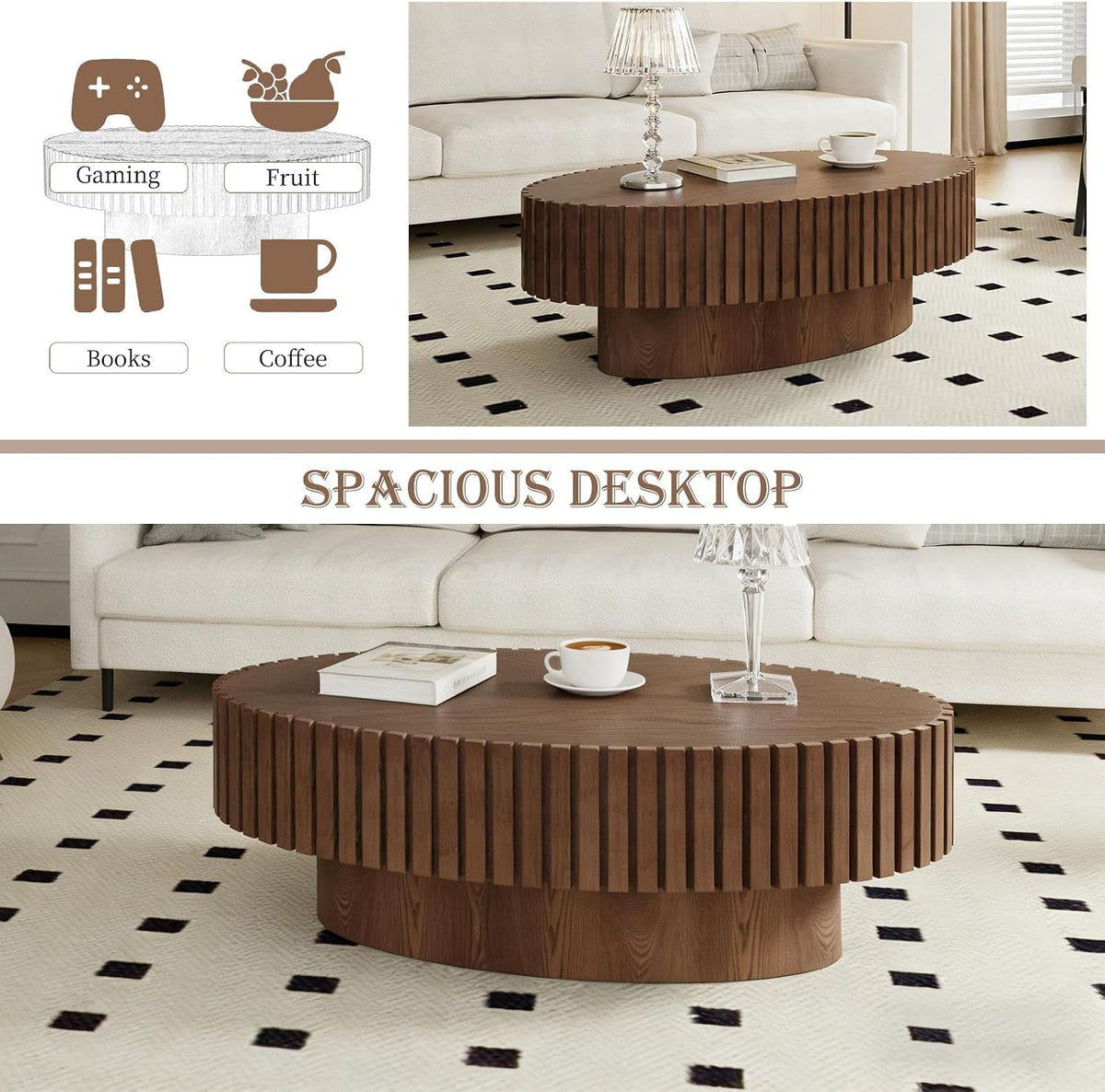 Oval Fluted Coffee Tables 43.3" (Oval Walnut)