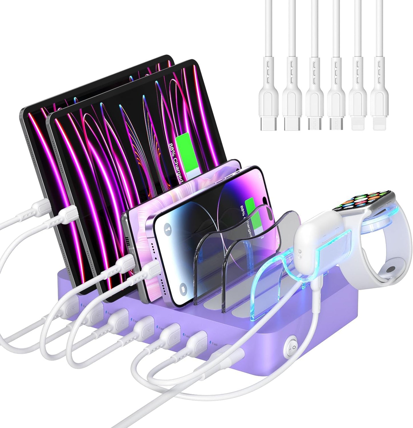 SooPii Premium 6-Port USB Charging Station Organizer for Multiple Devices | Included 6 Short Charging Cables and One Upgraded i-Watch Charger Holder for Phones,Tablets and Other Electronics, Purple