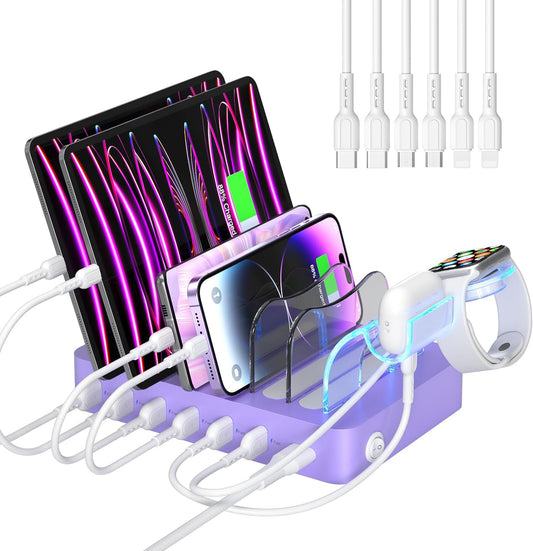 SooPii Premium 6-Port USB Charging Station Organizer for Multiple Devices | Included 6 Short Charging Cables and One Upgraded i-Watch Charger Holder for Phones,Tablets and Other Electronics, Purple