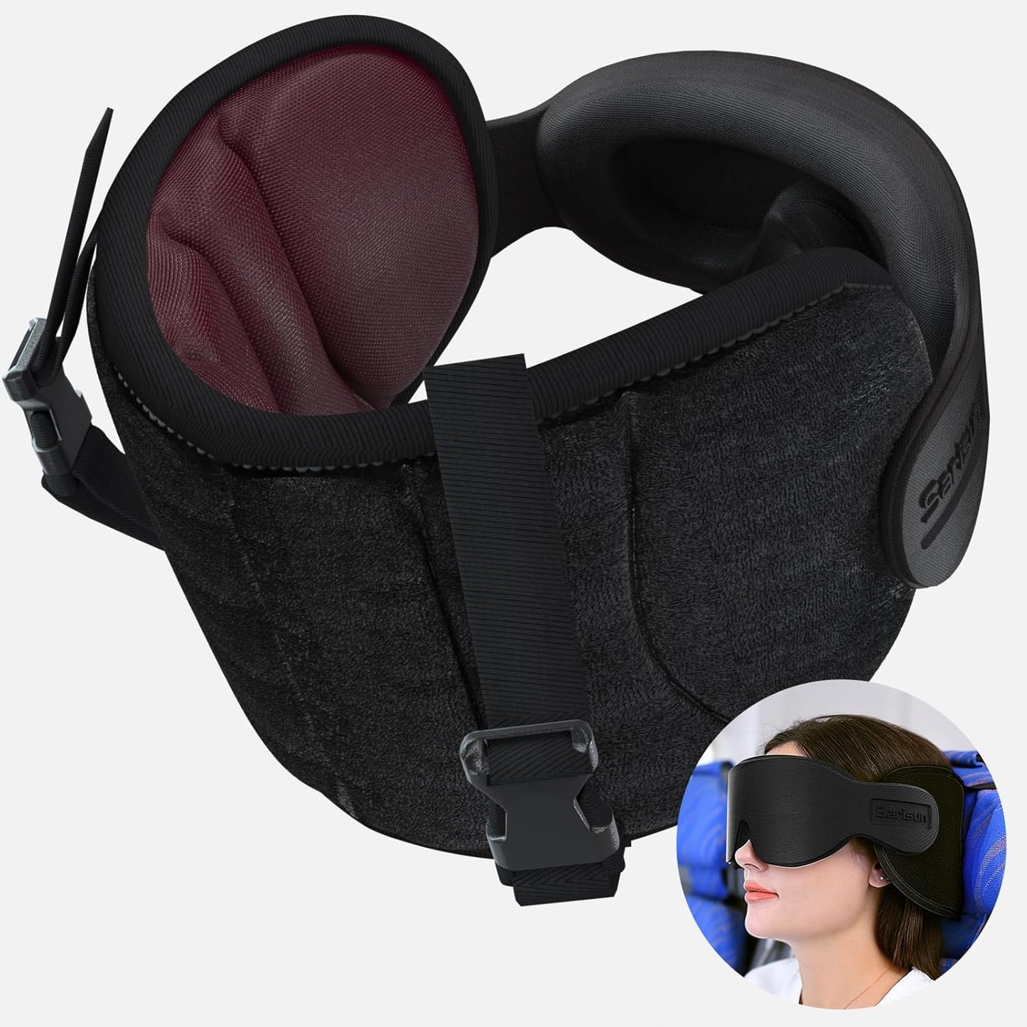 SARISUN Travel Pillows for Airplanes, Airplane Pillow with Eye Mask for Long Flight, Airplane Head Strap for Sleeping, 360° Support Headrest for Car Trip, Stop Bobblehead Travel Essential, Dark Brown