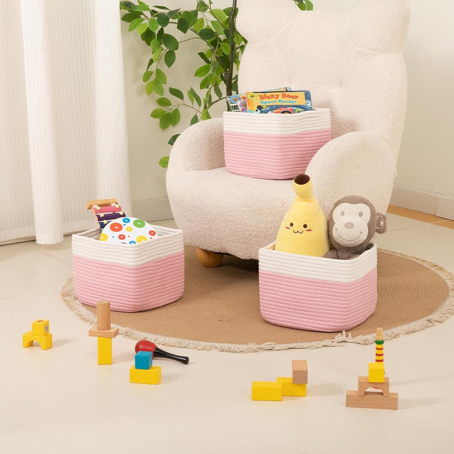 OIAHOMY 3 PACK Cube Storage Bins Storage Baskets Shelf Bins Pink&White | Storage Cubes Cotton Rope Woven Baskets for Organizing Basket for Gifts Storage Baskets for Shelves Cute Baskets