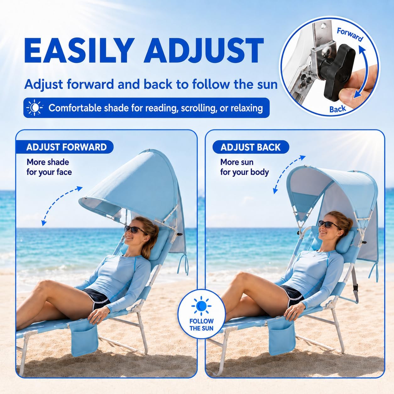 Backpack Beach Tanning Lounge Chair with Canopy Shade Face Hole Padded Adjustable Washable, 6 Position Layout Chair for Outside Sunbathing Poolside Lawn, UPF 50+ Wind-Resistant Sun Shade, Patented
