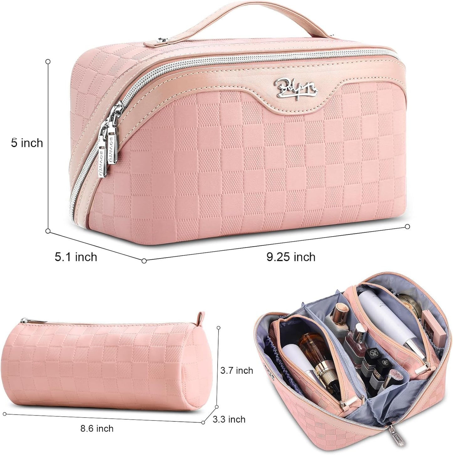 BOYATU Travel Makeup Bags for Women: Sweet Pink Checkered Large Capacity Cosmetic Bag - You Deserve a Little Sweetness Every Day - 3 Pcs Toiletry Organizer Holds 10-20 Full-Size 50-100ML Bottles