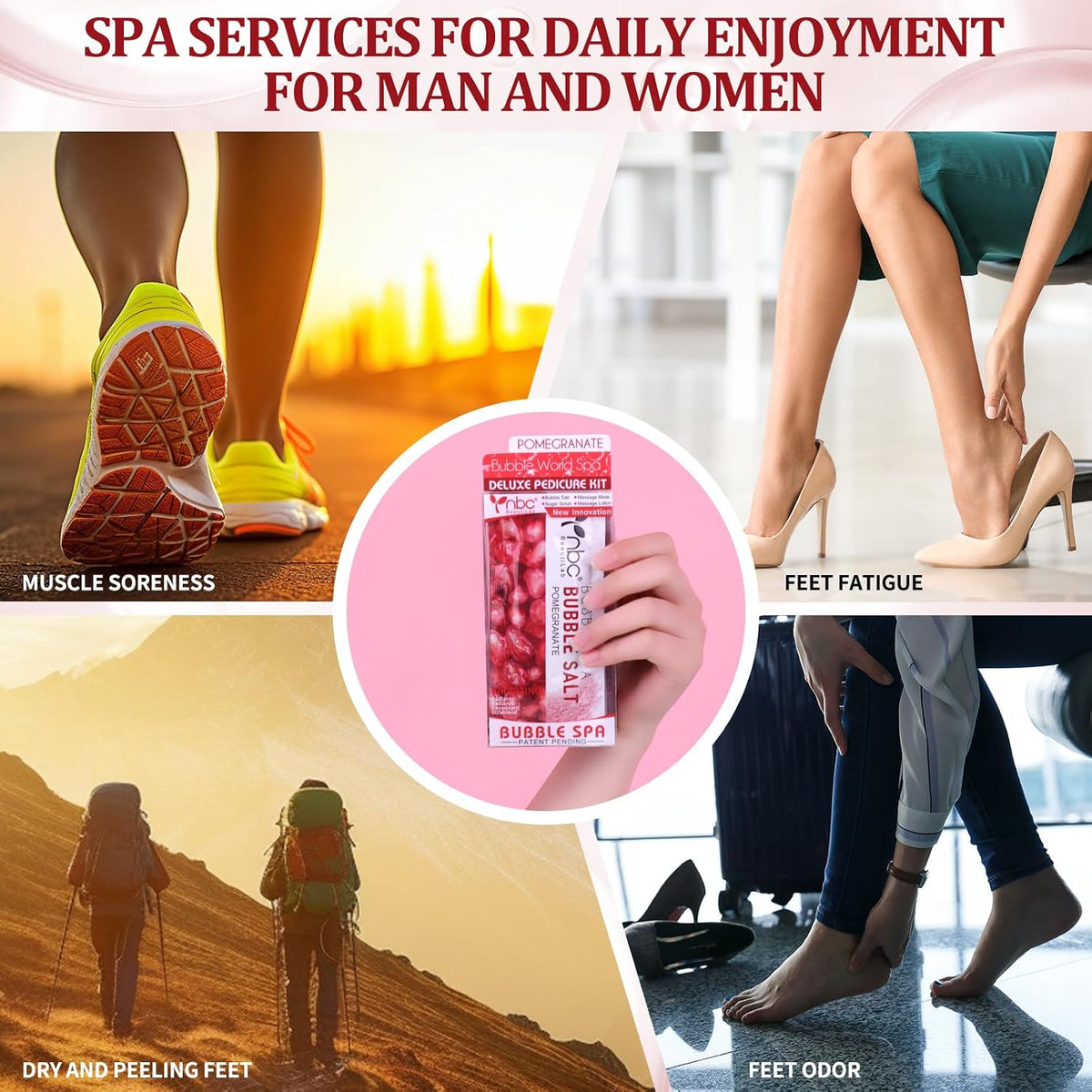 Pedicure Kit Foot Soak Set: Bubble Salt, Sugar Scrub, Massage Mask, Massage Lotion in a Box, 4 Step Foot Spa Kit for Dry Feet,Tired Feet（3 Set Pomegranate)