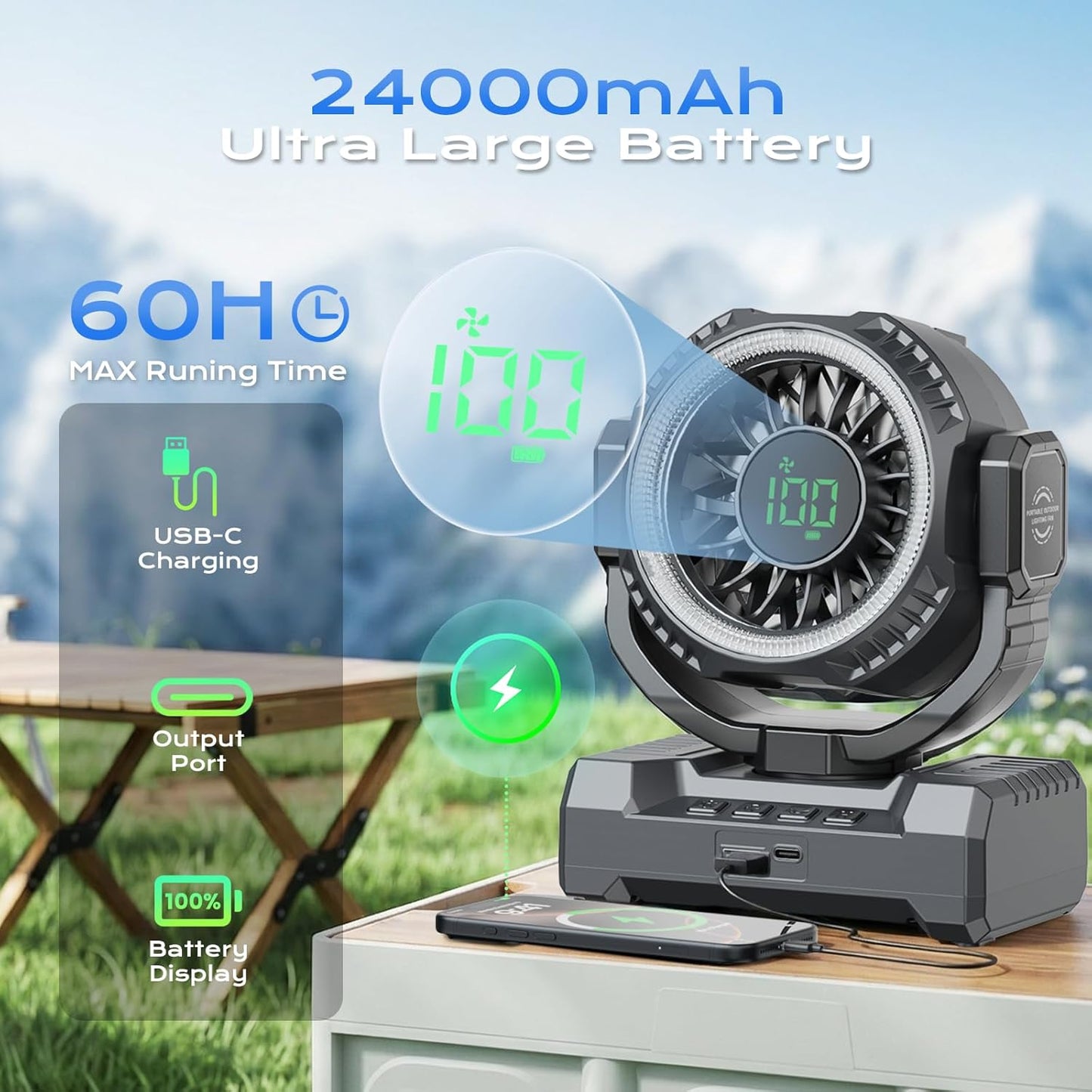 24000mAh Camping Fan, Portable Rechargeable Fan, Battery Powered Fan with LED Lantern & 120° Oscillation, Battery Operated Ventiladores for Travel, Tent, Fishing, Jobsite, Outdoor, Gifts for Men Dad