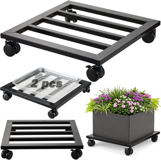 2 Packs 12 inches Large Metal Plant Caddy with PU Wheels Square Planter Dolly Pot Mover Rollers Wrought Iron Rolling Plant Stands Indoor Outdoor Plant Holder Coaster Trolley, Black