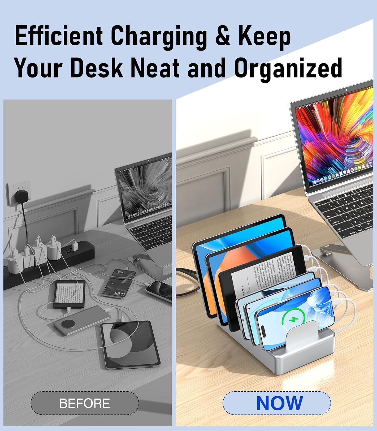 6 Port Charging Station for Multiple Devices, Multi Phone Charging Station | with 6 Cables, UL Test Report, Multi USB Charger Station for Cellphone iPad iPhone Tablet, for Family Office School (Silver)