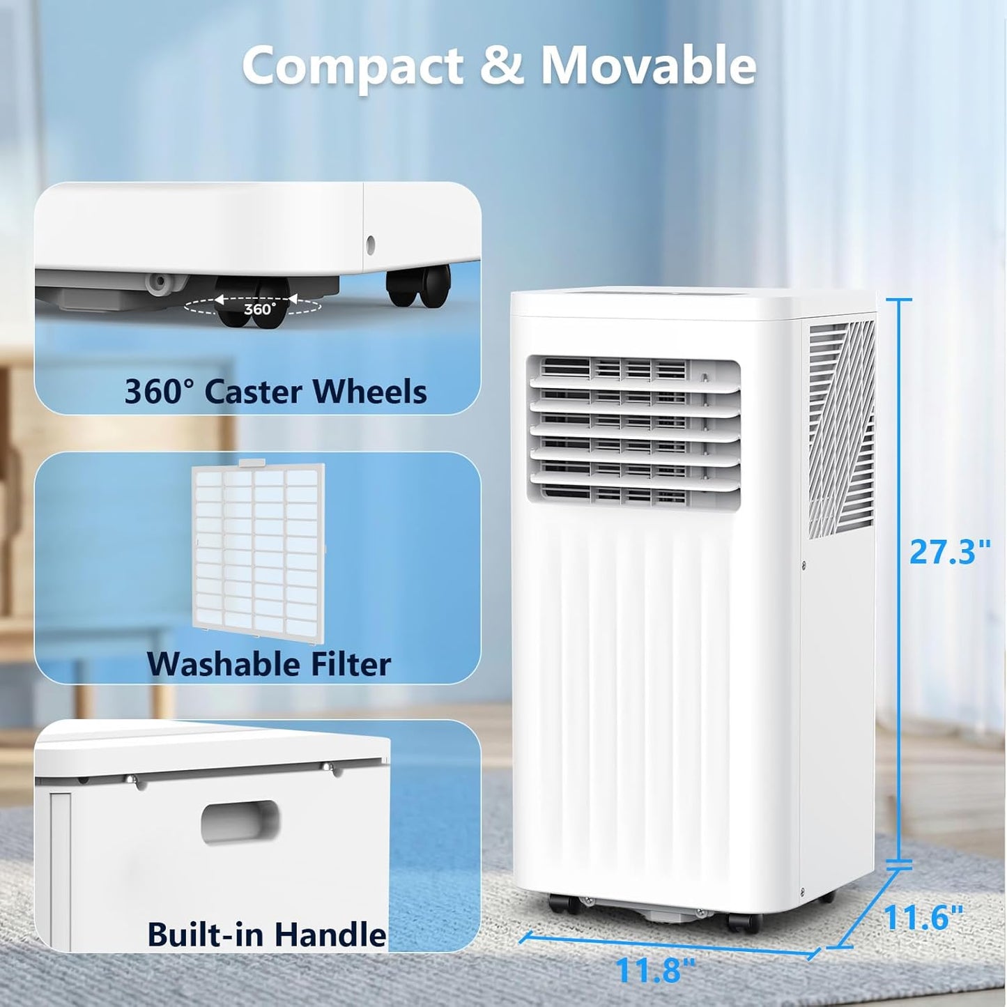 Electactic 10000BTUs Portable Air Conditioner for Bedroom with Drainage-free Cooling, 4 in 1 Portable AC Units with Cool, Fan, Dehumidifier, Sleep, 24H Timer/Remote/Window Kits