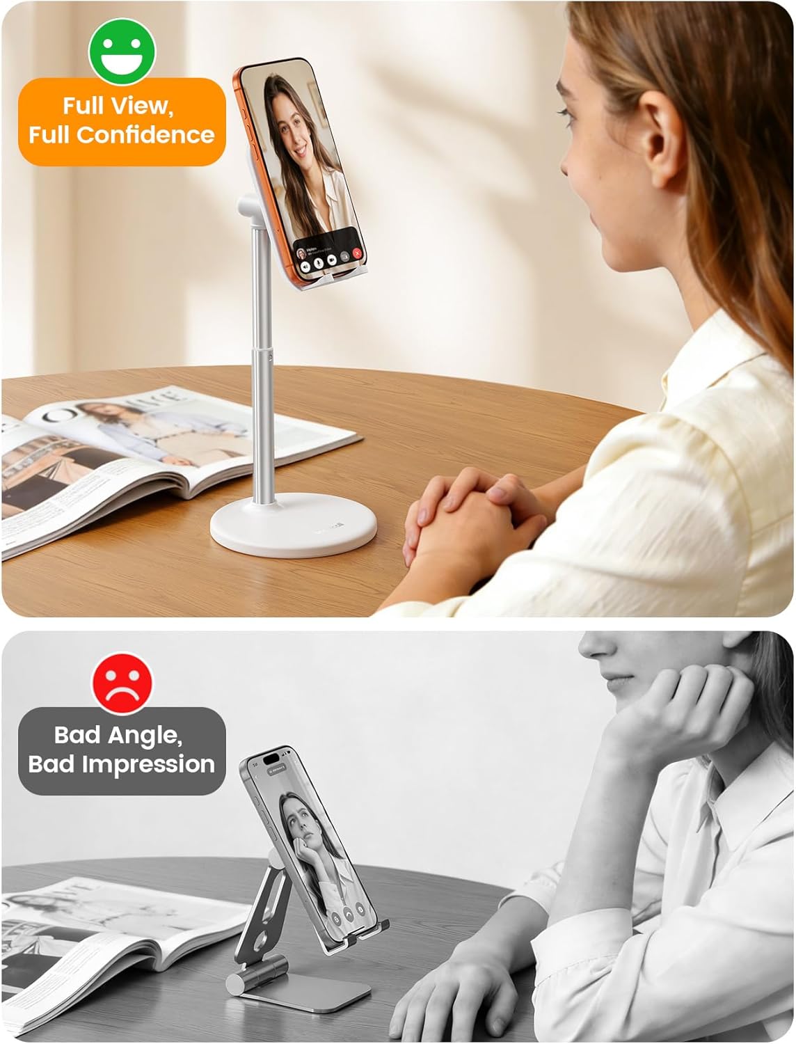 Lamicall Height Adjustable Phone Stand - White Sturdy Desktop Cell Phone Holder, Computer Office Desk Accessories for Women Kitchen Essentials, for iPhone iPad Tablet, 4-10"
