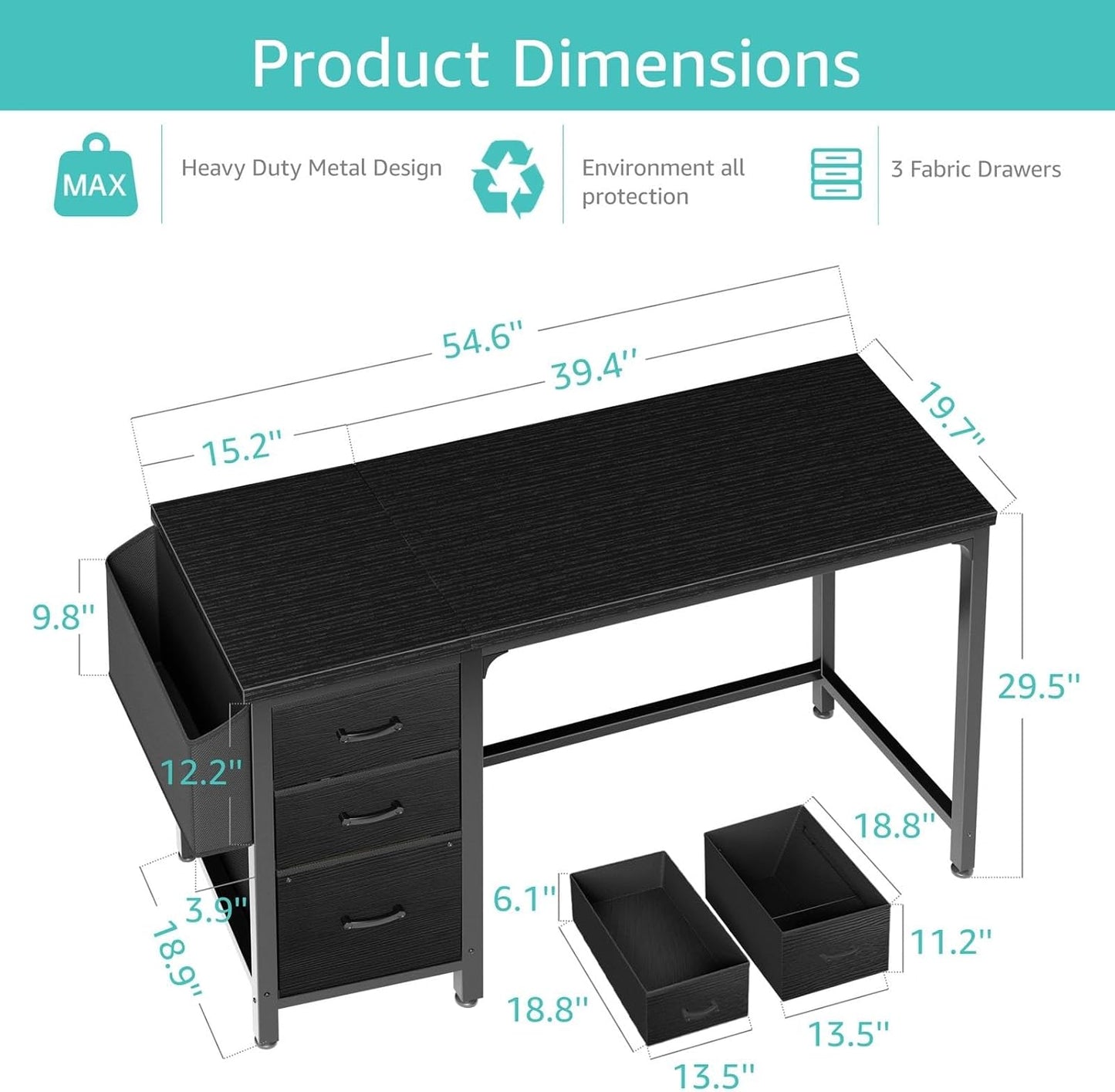 Lufeiya Computer Desk with Fabric File Drawers Cabinet, 55 Inch Reversible Home Office Desks with Filing Cabinet, Study Writing Table PC Desks with Storage for Bedroom, Black