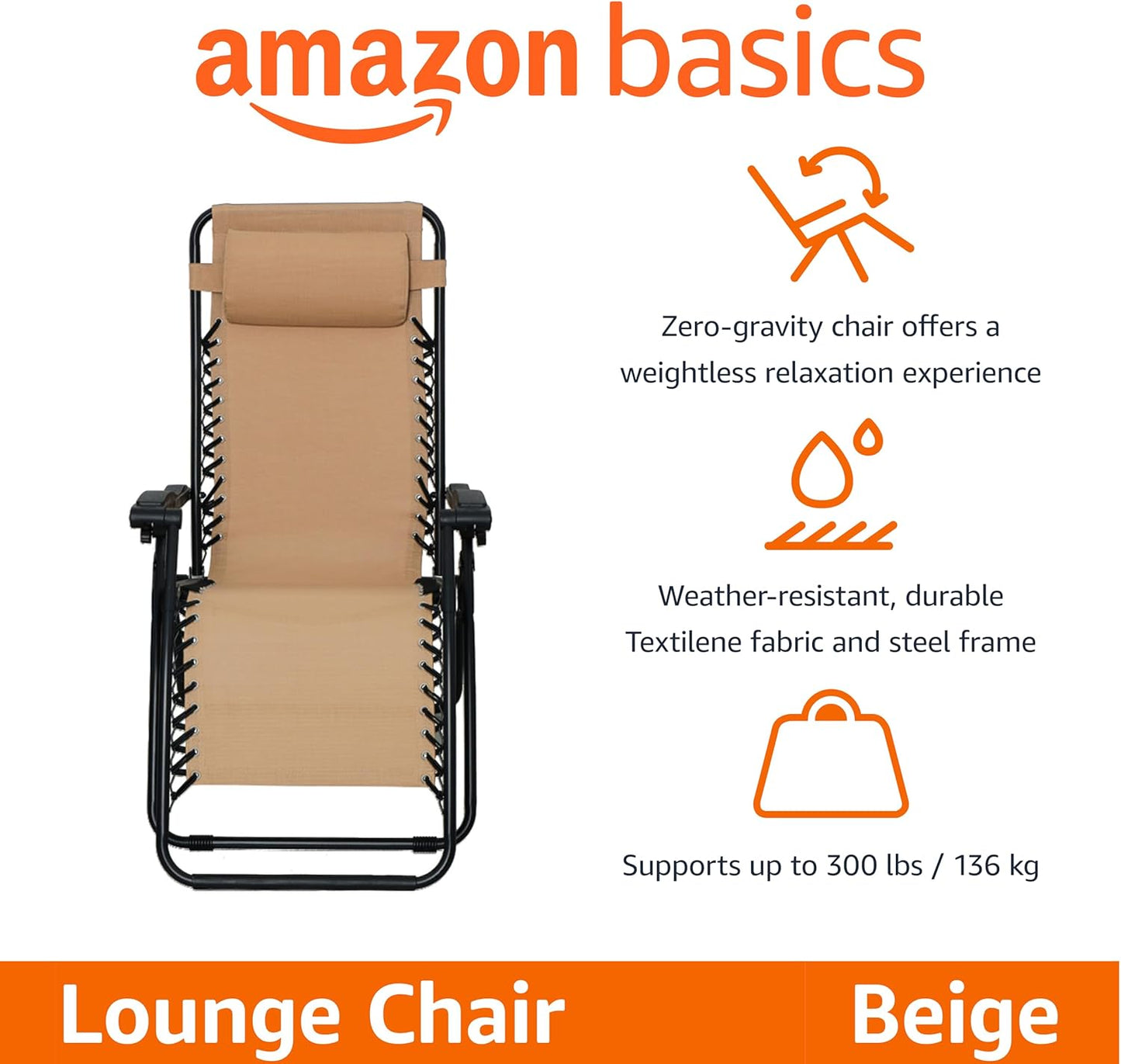 Amazon Basics Zero Gravity Lounge Chair with Pillow, Foldable Outdoor Reclining Chair for Patio and Beach, Weather-Resistant Textilene, 300 lb Capacity, 26", Beige