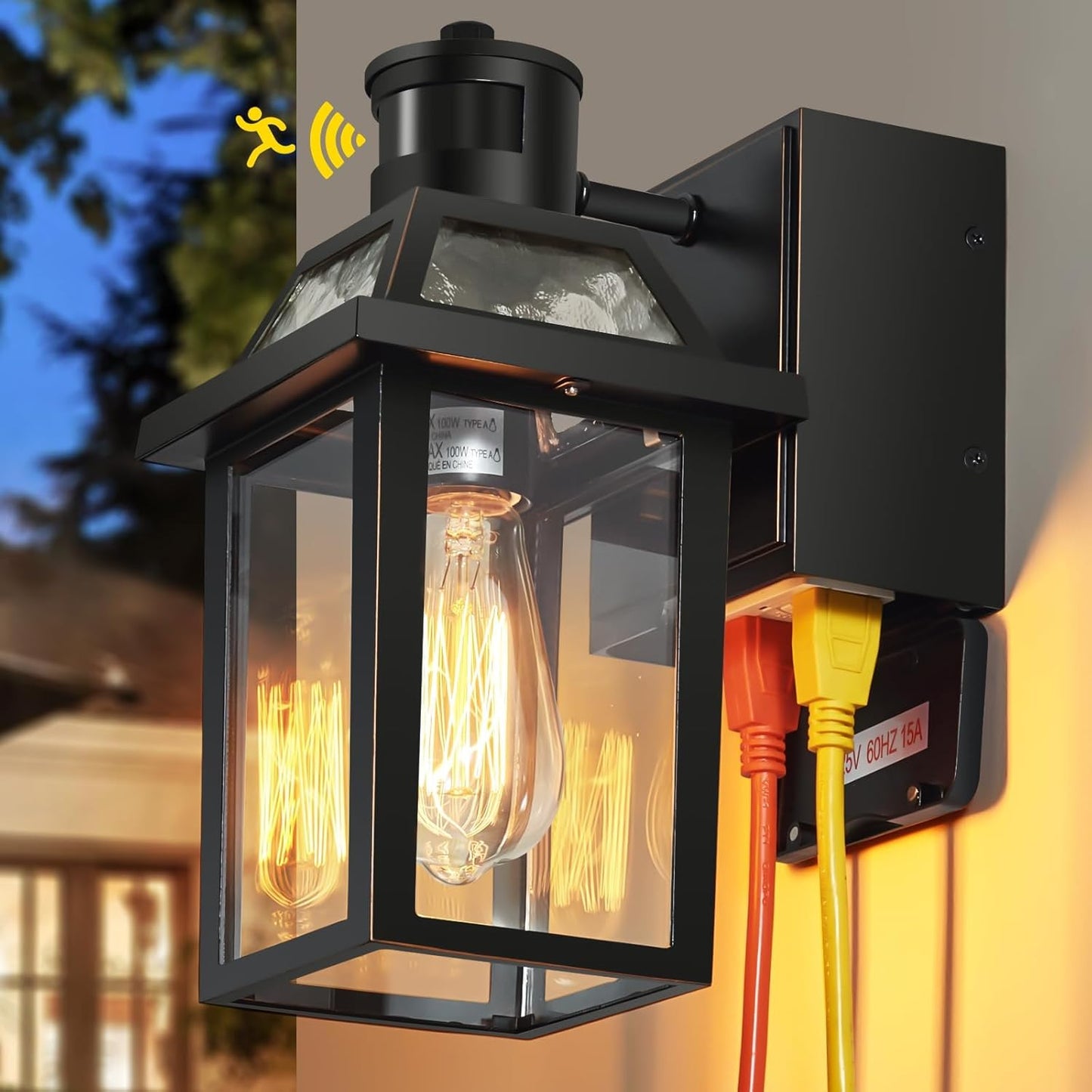 Yisuro Porch Lights with GFCI Outlet, Dusk to Dawn Motion Sensor Outdoor Light, 3 Lighting Modes Exterior Fixture, Outside for House Front Door Patio Garage(2 Pack Black)