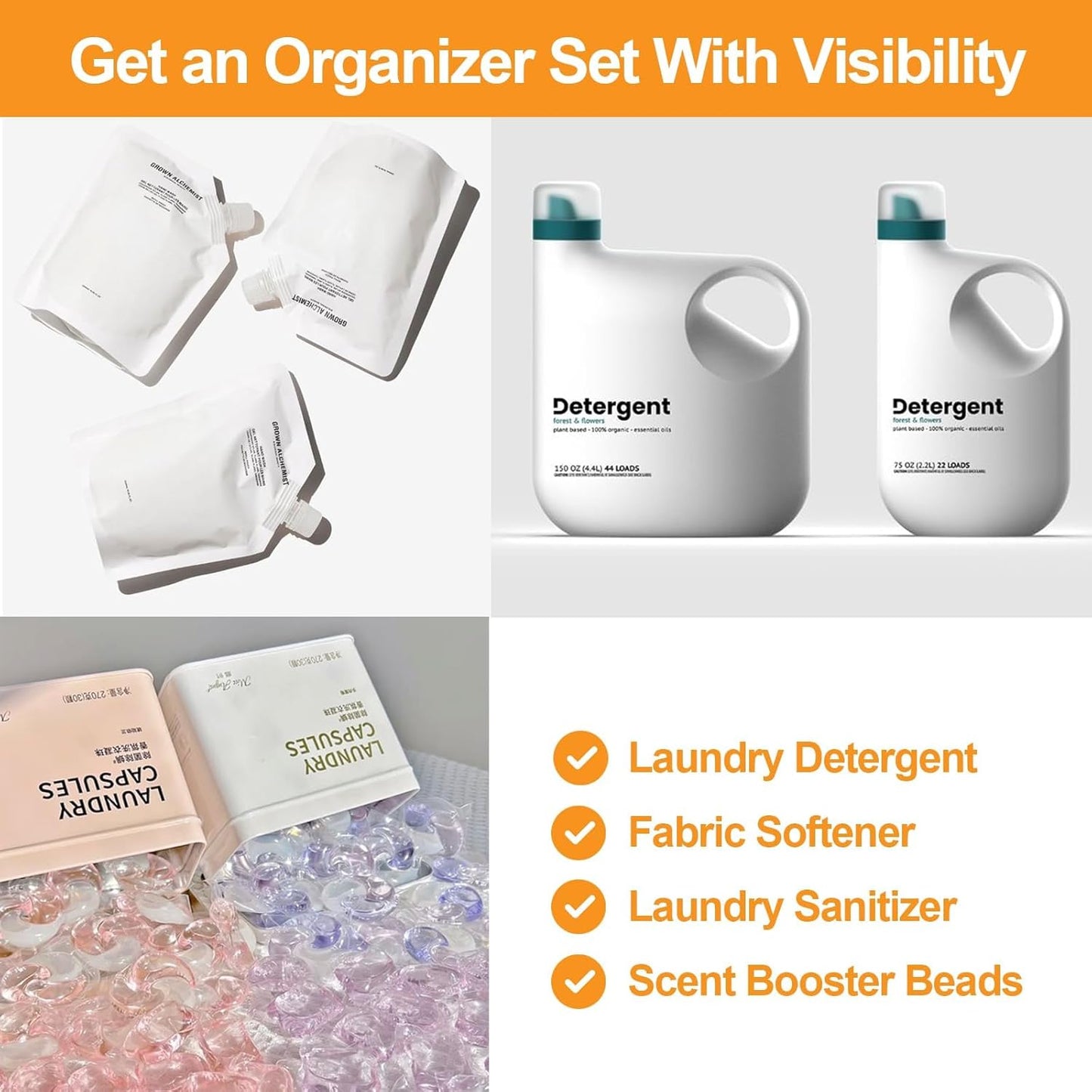FEXIA 3+2 Pack Laundry Pods Containers and Dryer Sheet Holder with Laundry Detergent Dispenser Laundry Room Organization Storage Containers with Lids and Labels for Scent Booster,Powder,Pods