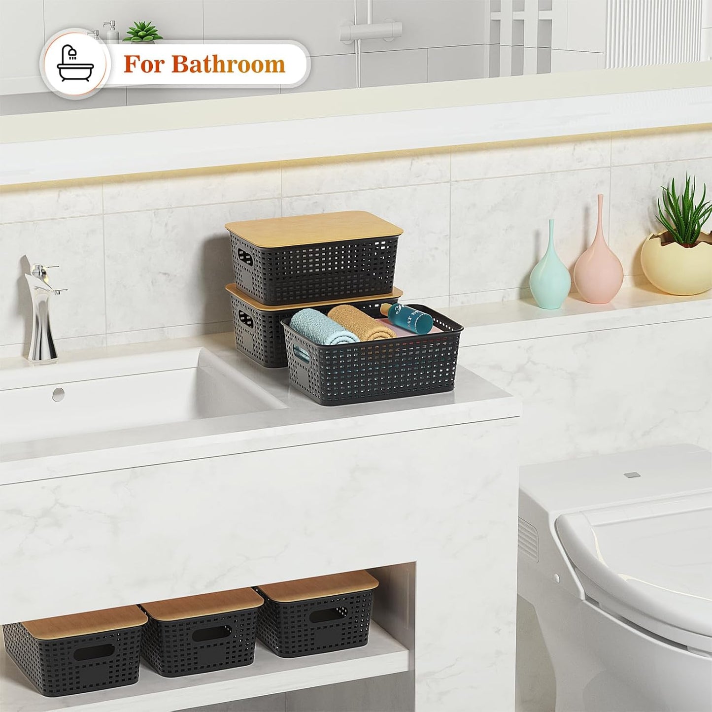 Ohmlove 6 Pack Plastic Storage Baskets with Bamboo Lids for Organization | Stackable Storage bins, Storages Baskets for Organizing Shelves Drawers Desktop Closet Playroom Classroom Office,Black