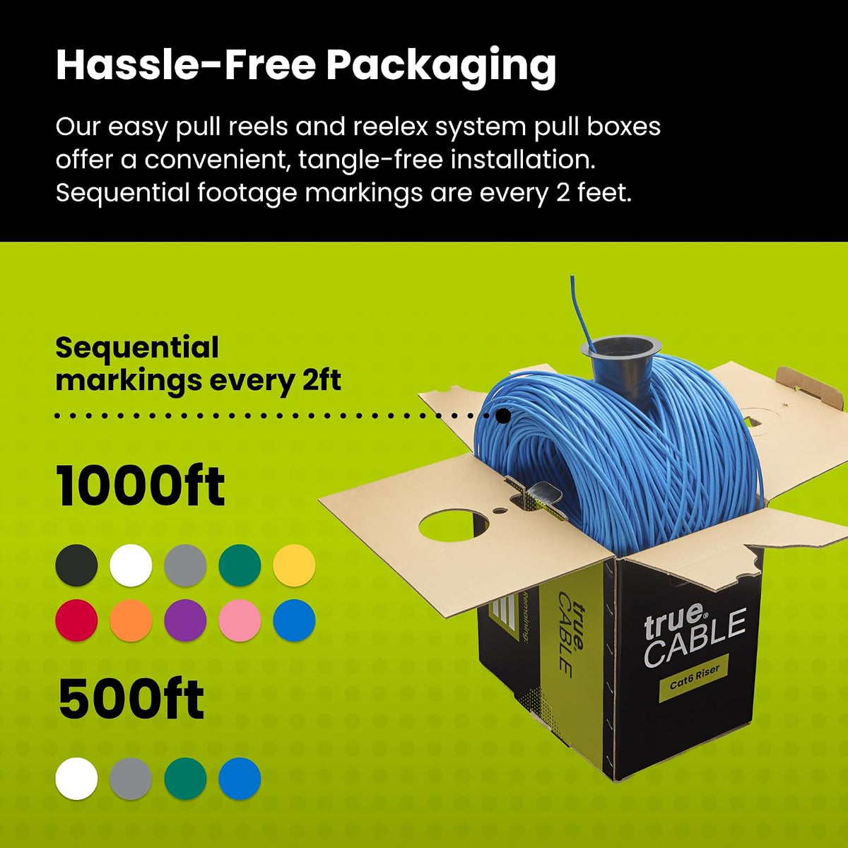 TRUE CABLE Cat6 Riser (CMR), 1000ft, Blue, 23AWG 4 Pair Solid Bare Copper, 550MHz, ETL Listed, Unshielded Twisted Pair (UTP), Bulk Ethernet Cable