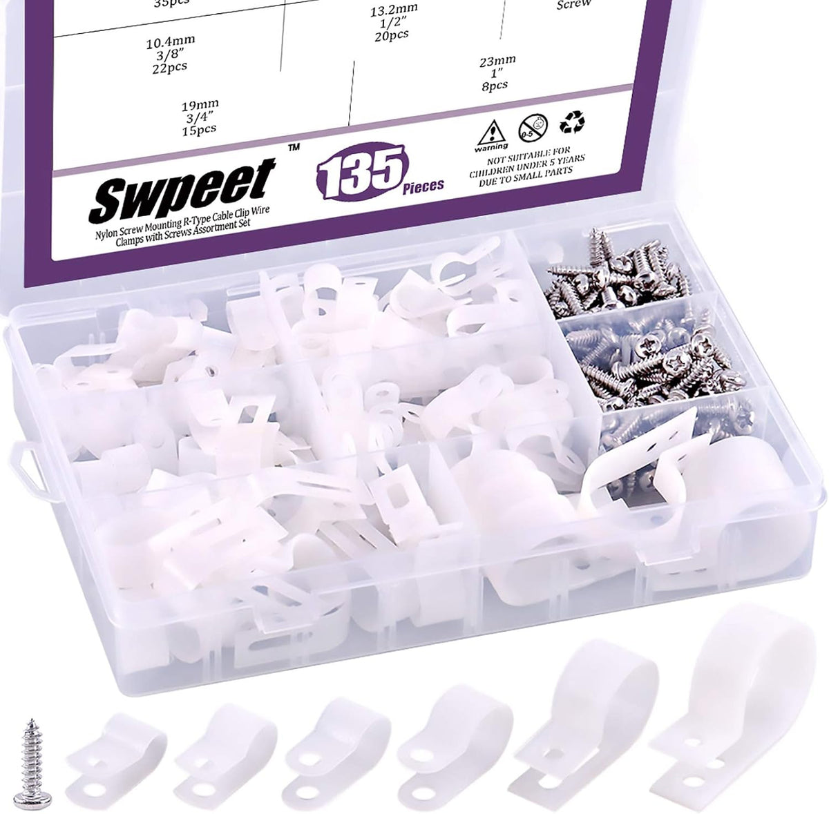 Swpeet 135 Pack 6 Sizes Black Nylon Plastic R-Type Cable Clips Clamp Assortment Kit, 1/4" 5/16" 3/8" 1/2" 3/4" 1" Nylon Screw Mounting Cord Fastener Clips with 135 Pack Screws for Wire Management