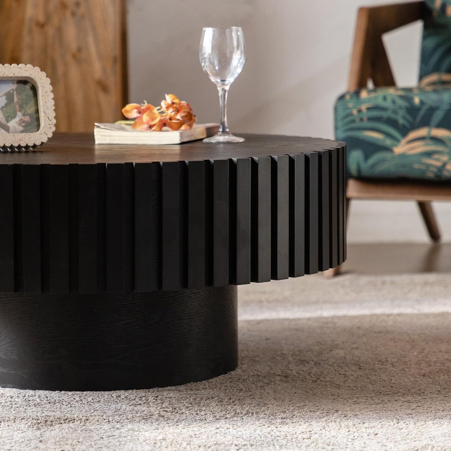 Round Fluted Coffee Table (Circle Black 31.5in) | Round Drum Coffee Table for Living Room | Modern Circular Pedestal Center Table