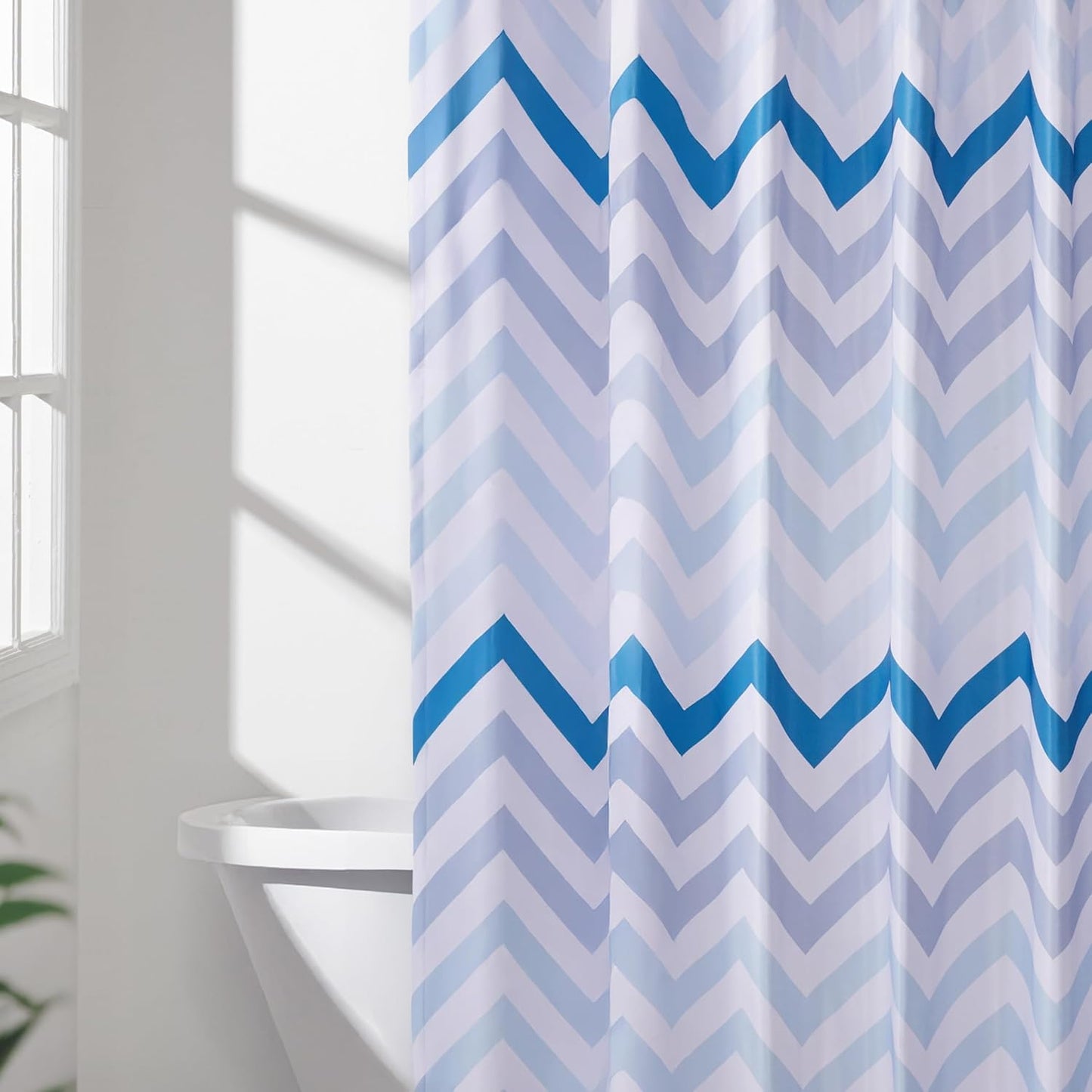 Amazon Basics Bathroom Shower Curtain, Water Resistant Fabric with Weighted Hem, Grommets & Hooks, Machine Washable, 72"x72", Blue Ombre Chevron