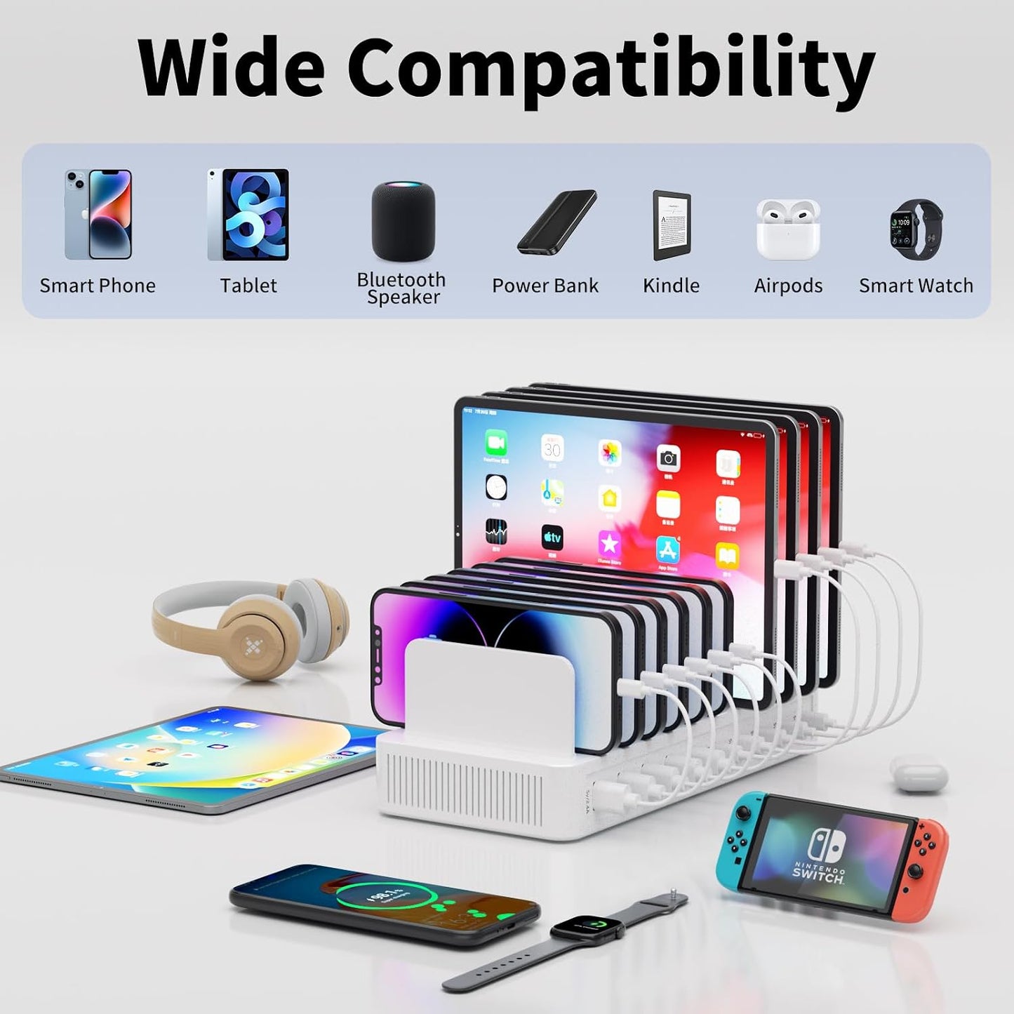 60W Charging Station for Multiple Devices, 10-Port USB Fast Charger | Device Organizer Charging Dock with 10 Mixed Charging Cable & Adjustable Dividers for iPhone, Android, iPad, Tablets & More