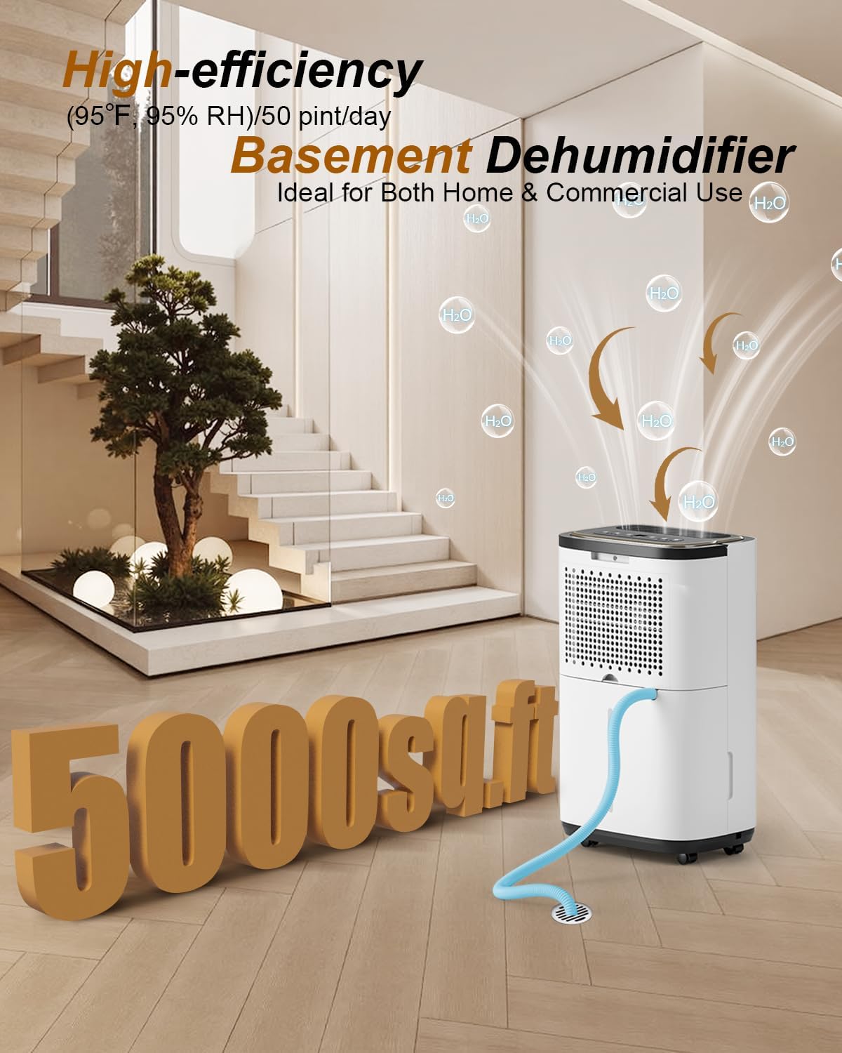 5000 Sq. Ft. Dehumidifier for Basement, Update 50 Pint Quiet Dehumidifiers for Home with Drain Hose, Smart Humidity Control, 24H Timer & Child Lock, Ideal for Large Rooms, Bedroom, Garage
