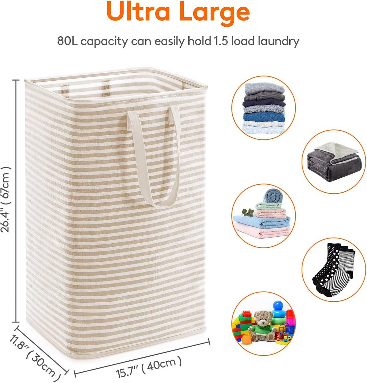 Lifewit 80L Large Laundry Baskets, 1 Pack, Reinforced Handles, Beige