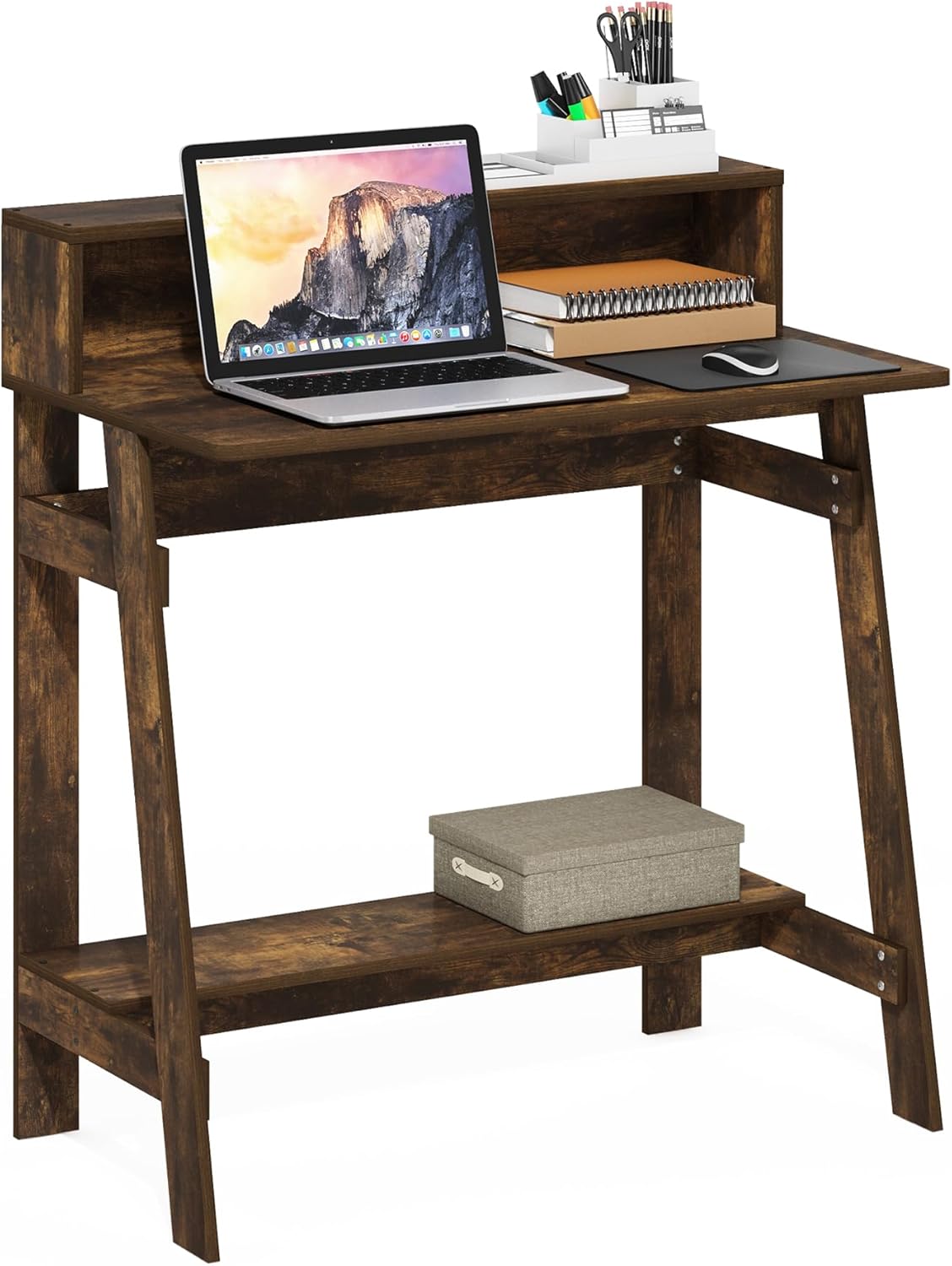 Furinno Simplistic Desk, 32" Wide Gaming Desk with Monitor Stand, A Frame Computer Desk with Shelf, Office Desk for Home Office, Bedroom, Study Room, Dorm, Amber Pine