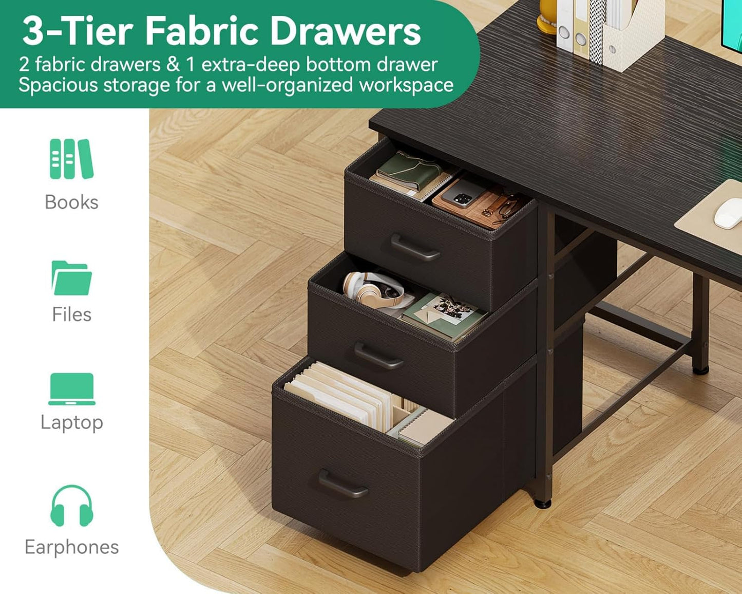 AODK 51 Inch Computer Desk with Fabric Drawers & USB Power Outlets, Reversible Home Office Desk with Storage Shelves, Work from Home, Modern Work/Writing/Study Table for Bedroom, Black