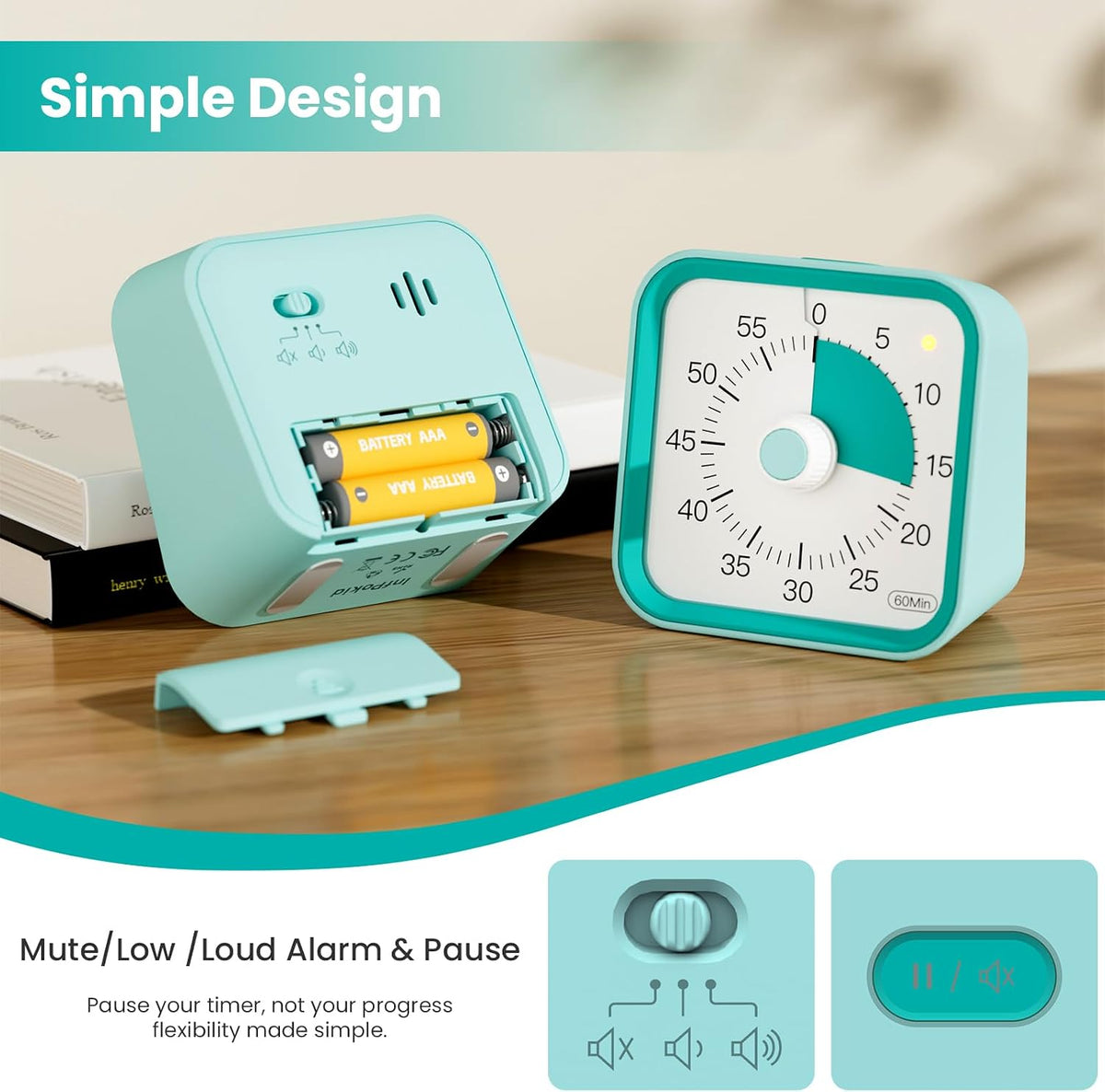 Visual Timer for Kids, Cute Timer with Pause Function, Green