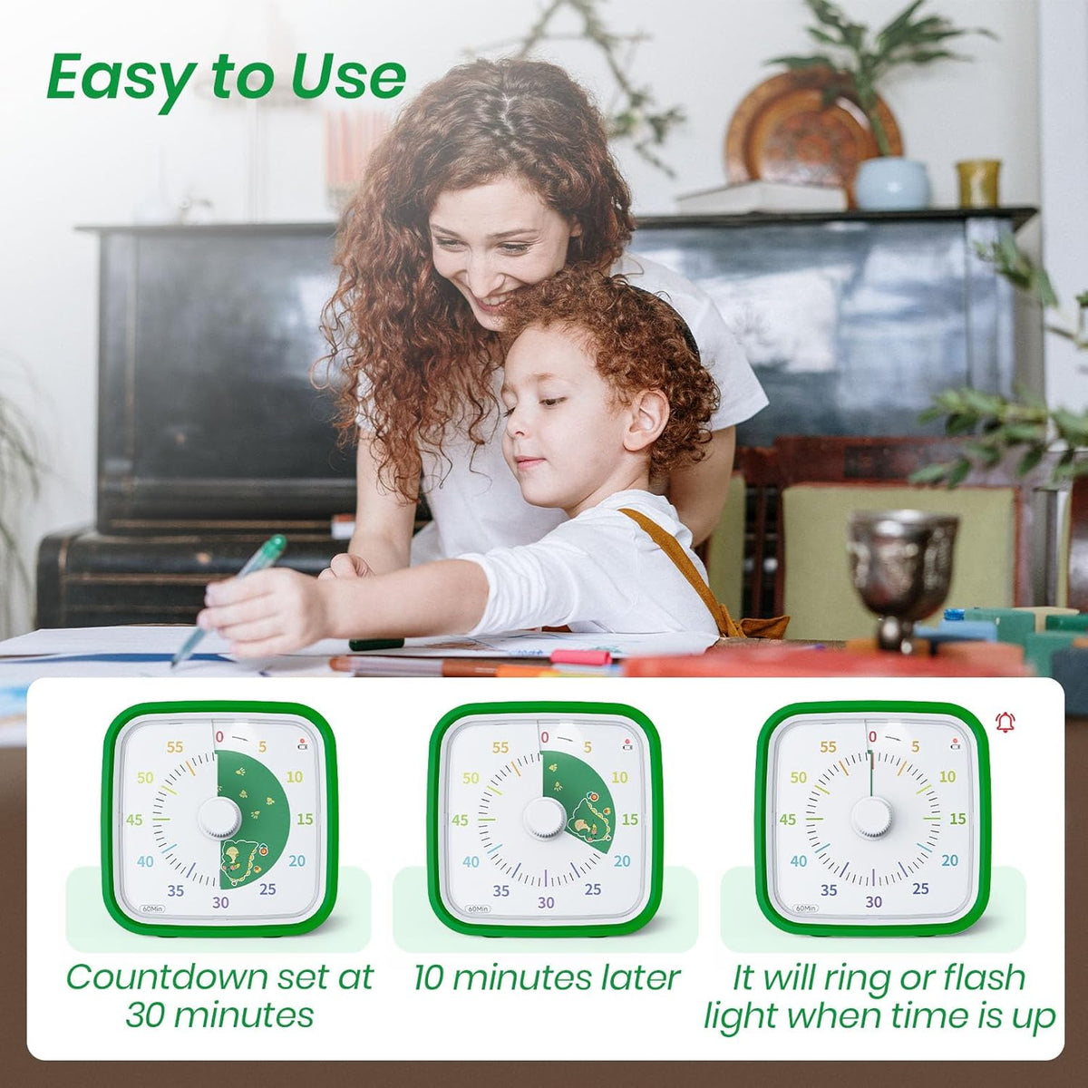 Yunbaoit Dinosaur Visual Timer for Kids, 60-min Countdown Timer, Green