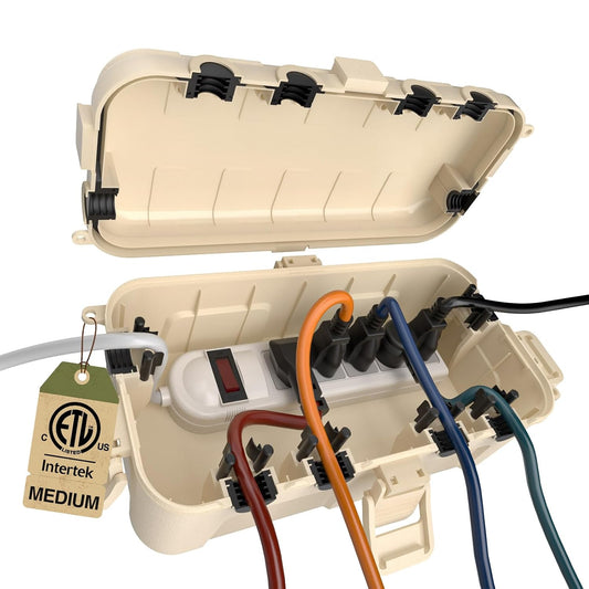 Flemoon Medium Outdoor Electrical Box, IP54 Waterproof Extension Cord Cover | Inner Size 9.4 x 4.3 x 3.2 Inch, 6 Cable Entry Ports, Weatherproof Connection Box for Outlet, Plug, Holiday Lights, Almond