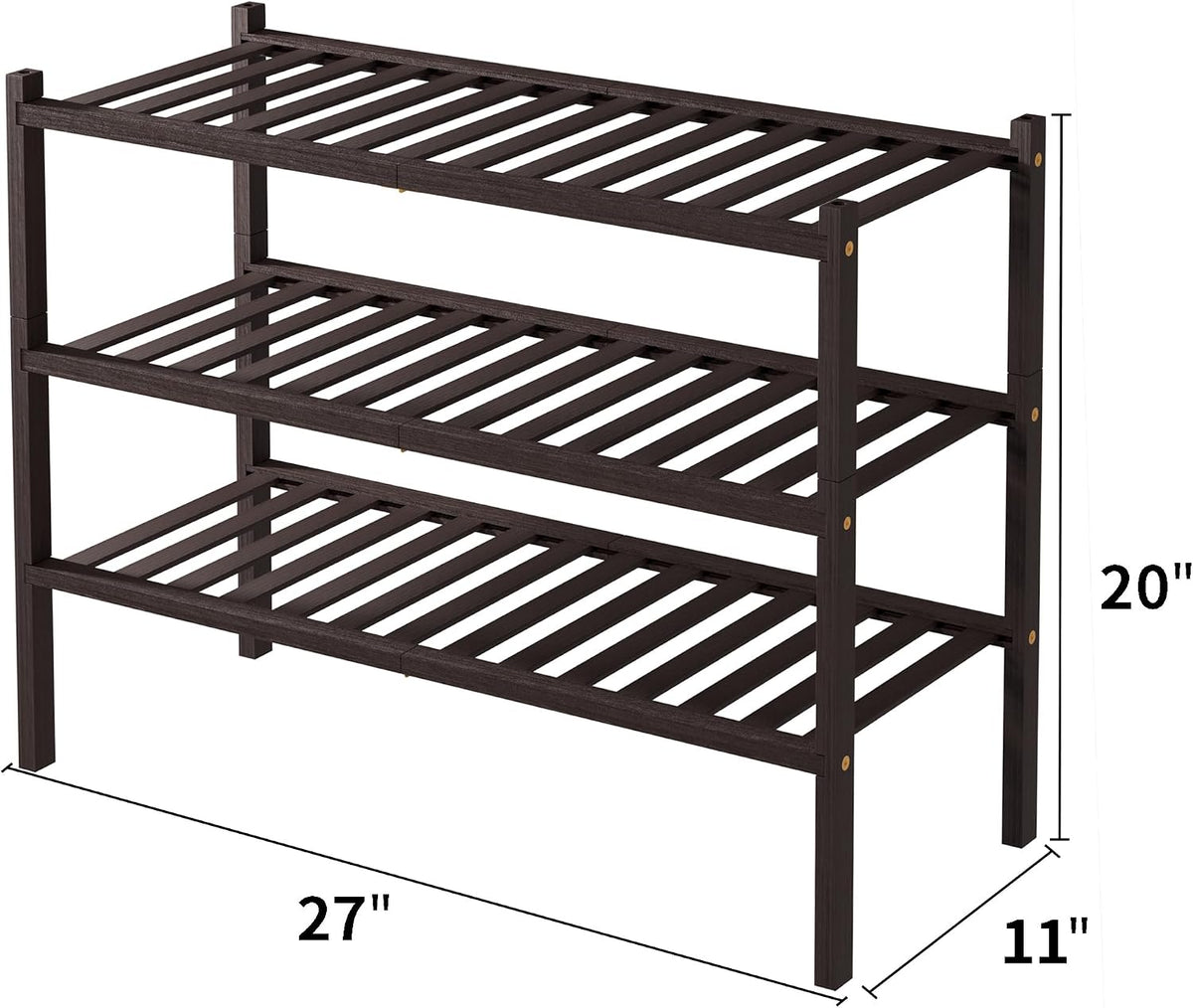 ROMGUAR CRAFT 3 Tier Bamboo Shoe Rack for Closet Free Standing Wood Shoe Shelf for Entryway Small Space Stackable 27"x11"x20" (Brown)