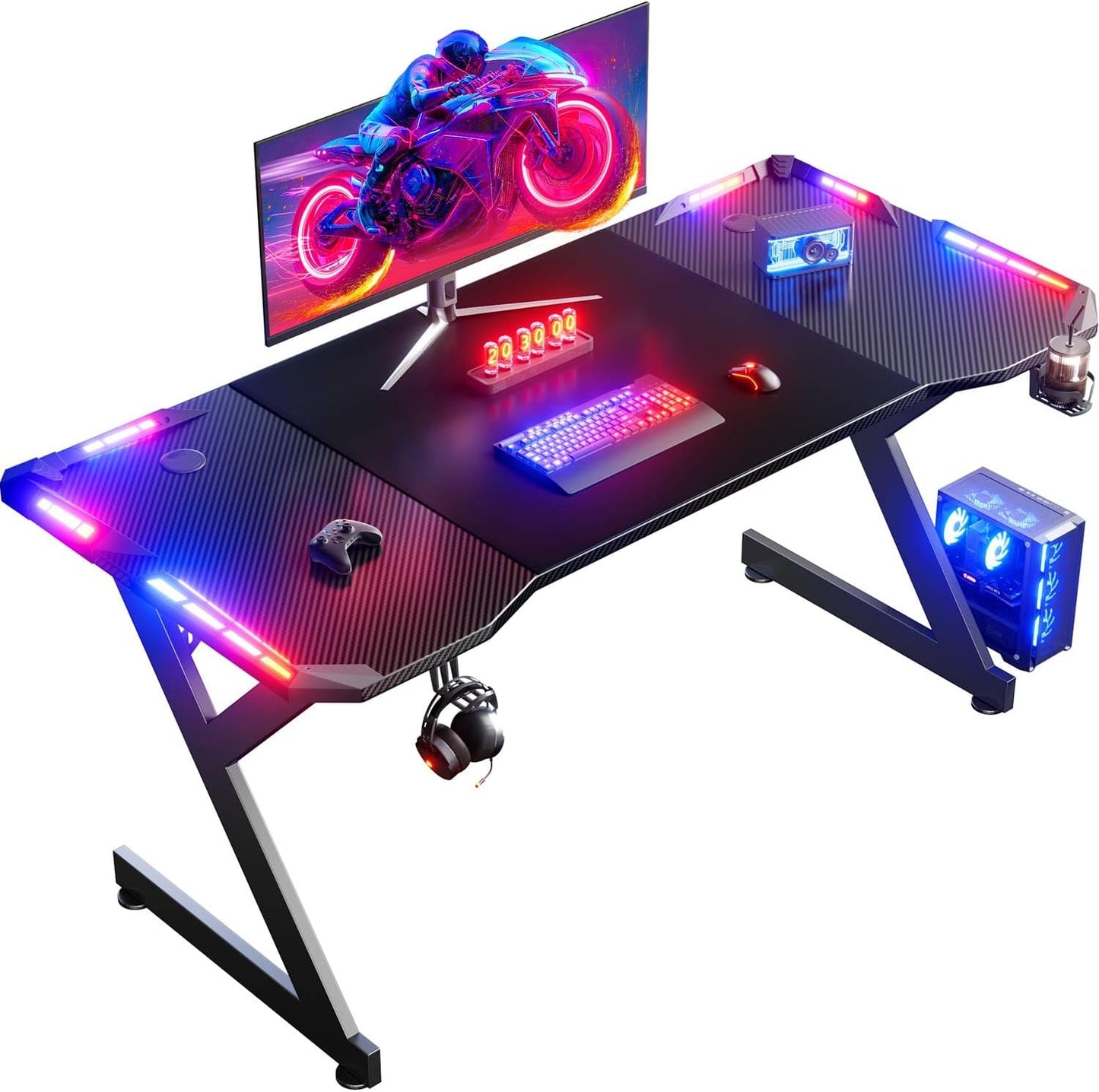 HLDIRECT 47 Inch Gaming Desk with LED Lights, Ergonomic Computer Gaming Table with Carbon Fibre Surface, Sturdy PC Workstation Desk for Home Office with Headphone Hook, Cup Holder, Black