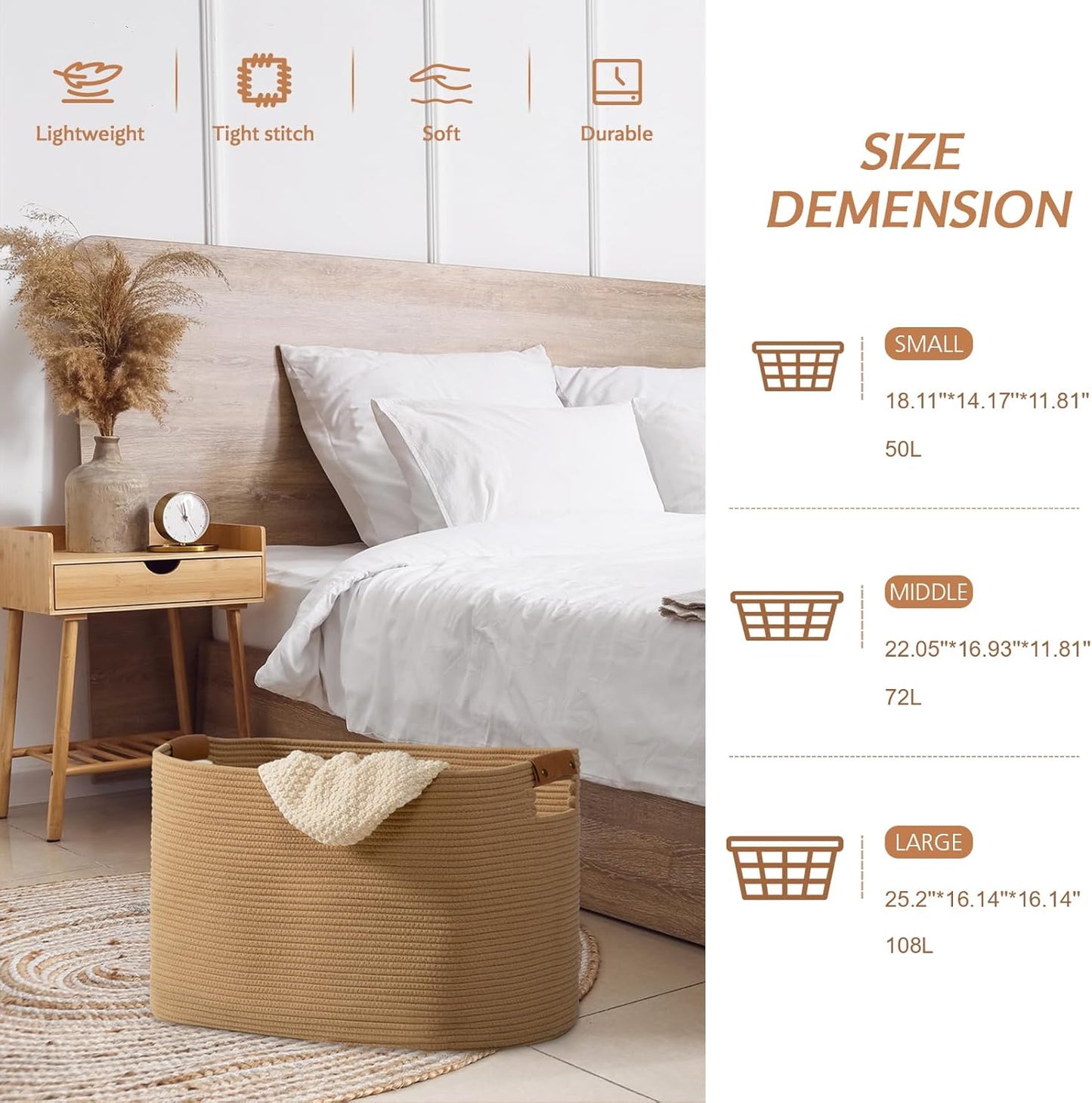 danpinera Large Blanket Basket for Living Room, 72 L Woven Cotton Rope Baskets for Kids Toy, Pillows, Towels, Cotton Organizing with leather handle, Storage Bin for Nursery, 22’’*17’’*11.8’’ Jute