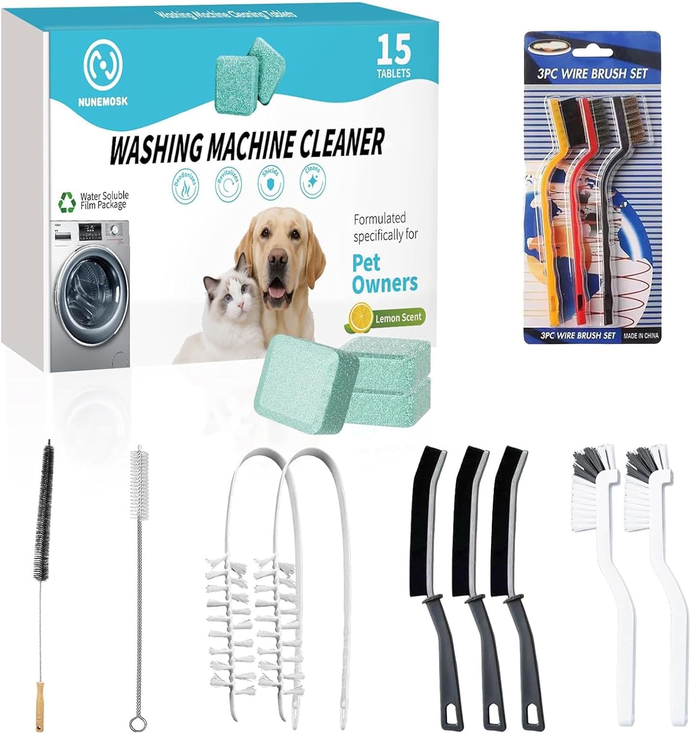 Washing Machine Cleaner, Washer Machine Cleaner Tablets 15 Pcs + Dryer Vent Cleaner Kit 12 Pack, Crevice Cleaning Brush for Bathroom, Shower & Kitchen, All-in-One Multi-Surface Scrubbing Brushes