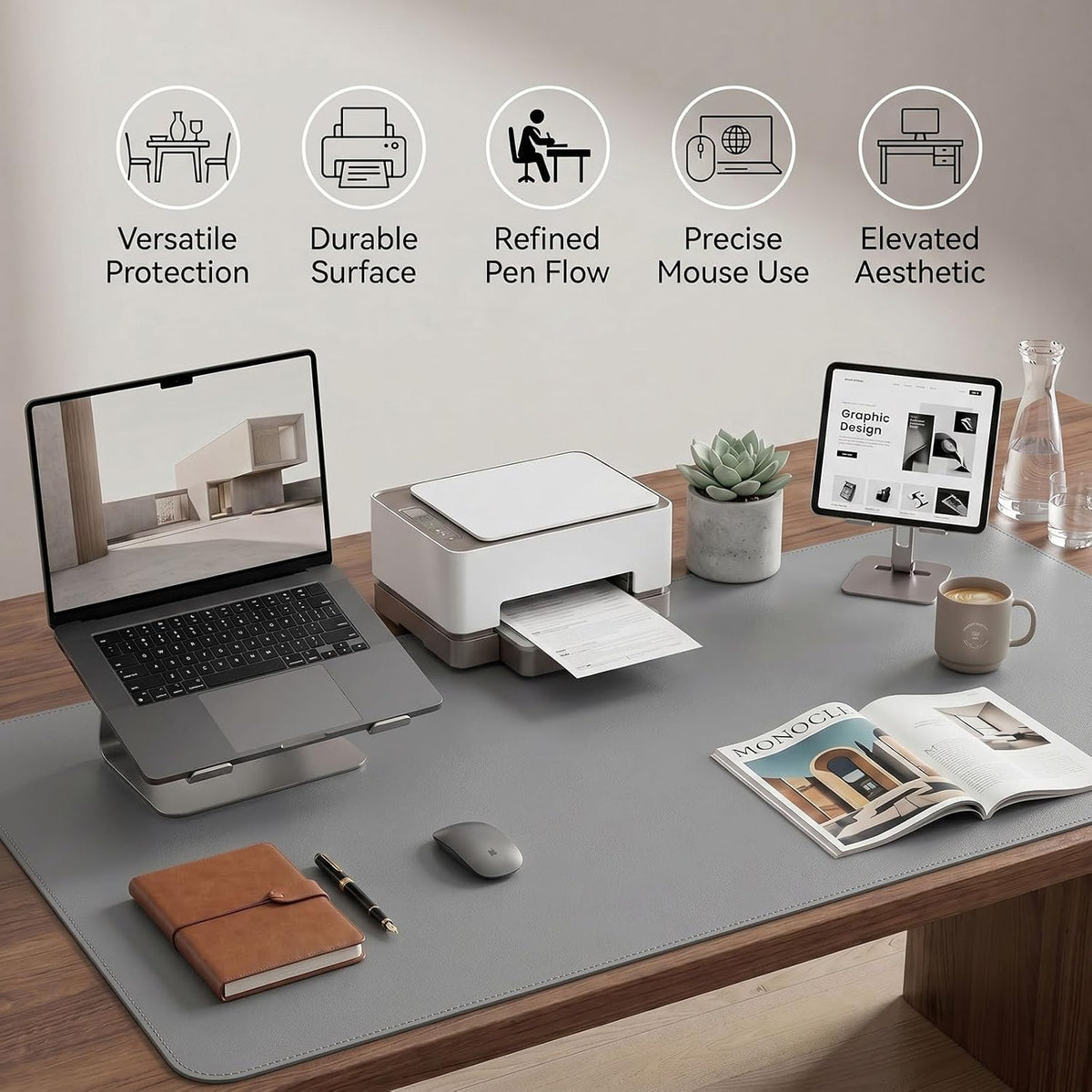 Large Desk Pad Non-Slip Desk Mat Protector for Keyboard Mouse Waterproof Vegan Leather Surface Faux Leather Laptop Mat Smooth Mouse Pad Premium Gift Tube Mist Gray 47" x 23"